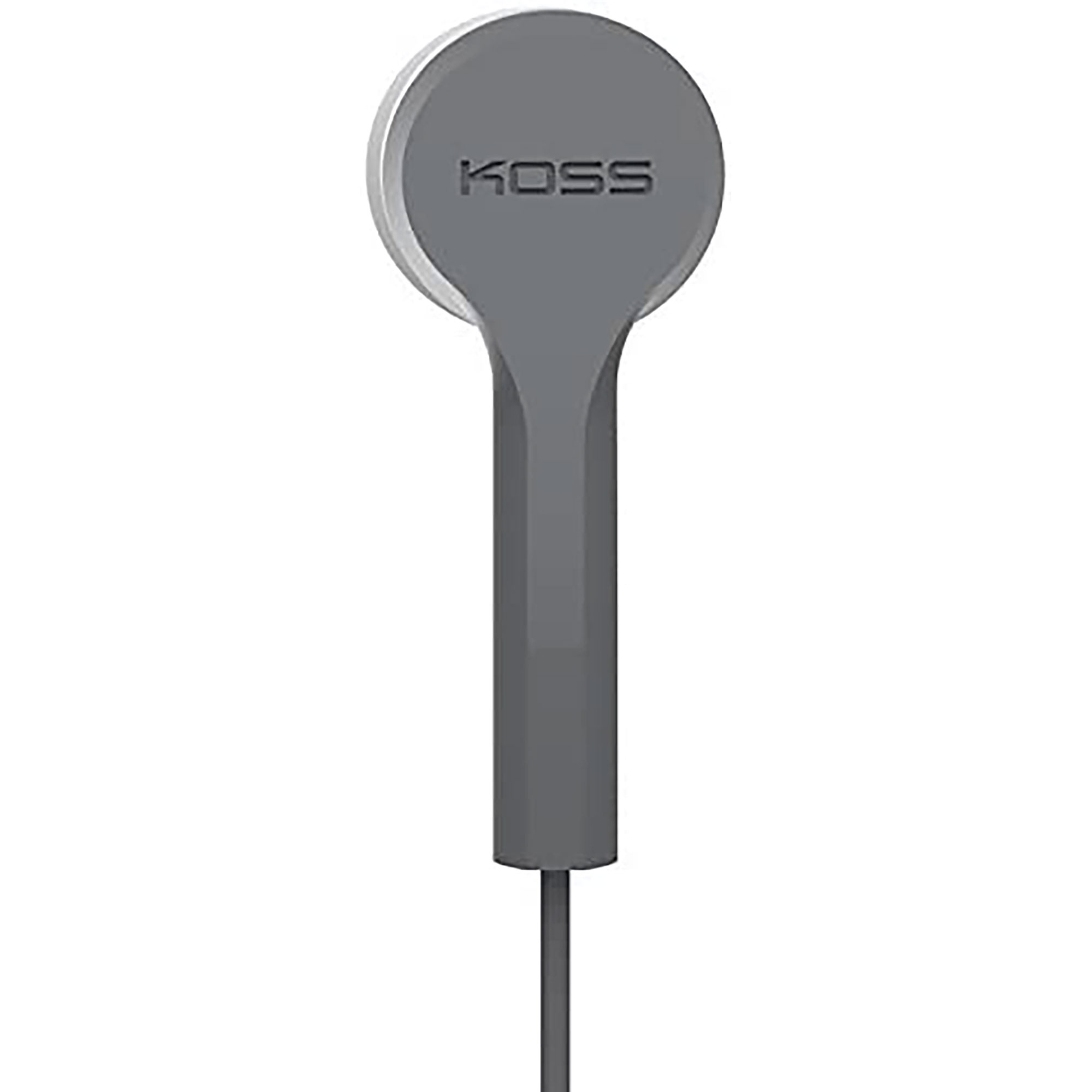 Auricular Koss gris con vástago gris y logotipo Koss en el altavoz.