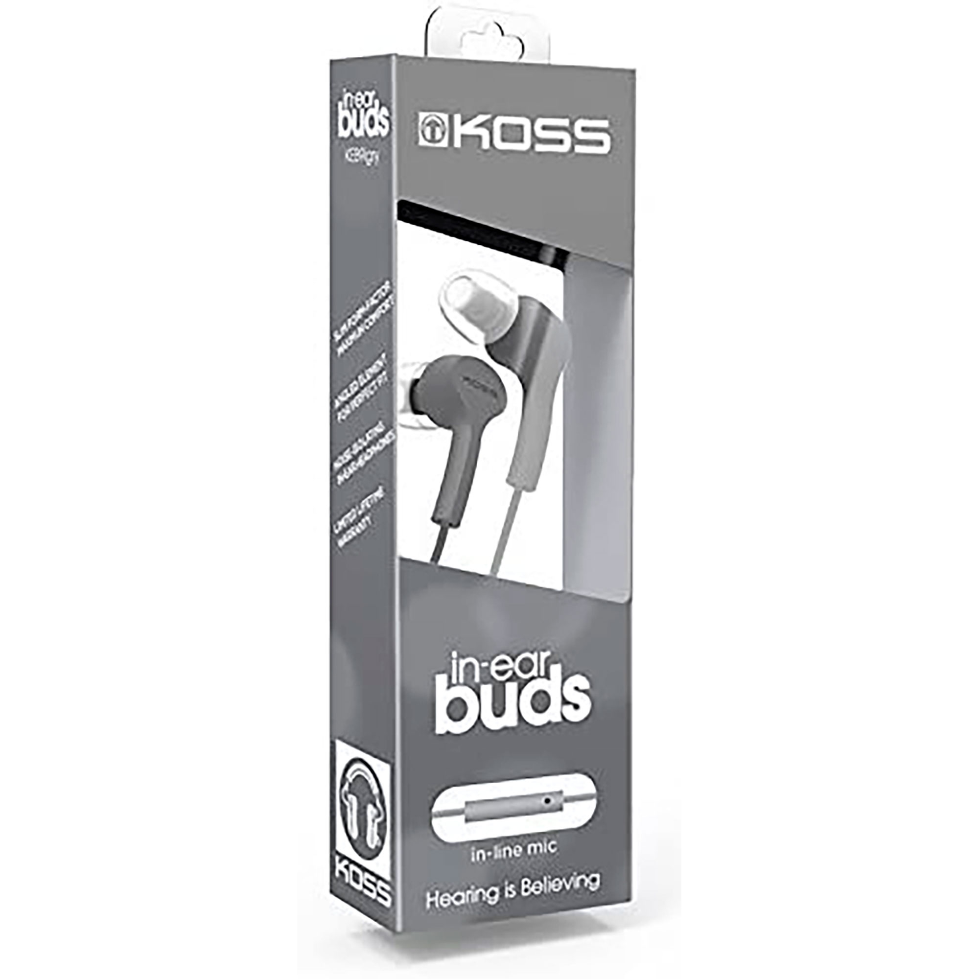 Auriculares en una caja gris. La caja tiene la marca KOSS y las palabras