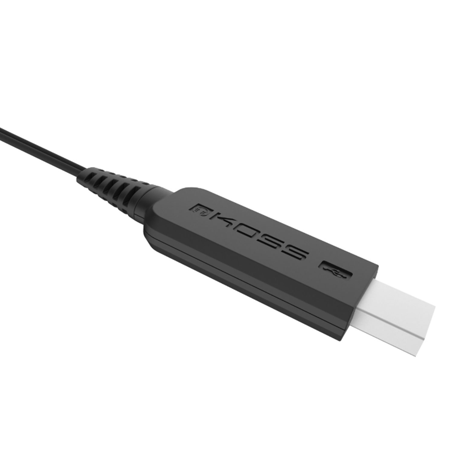 Connettore USB nero con logo KOSS. Il cavo è nero.