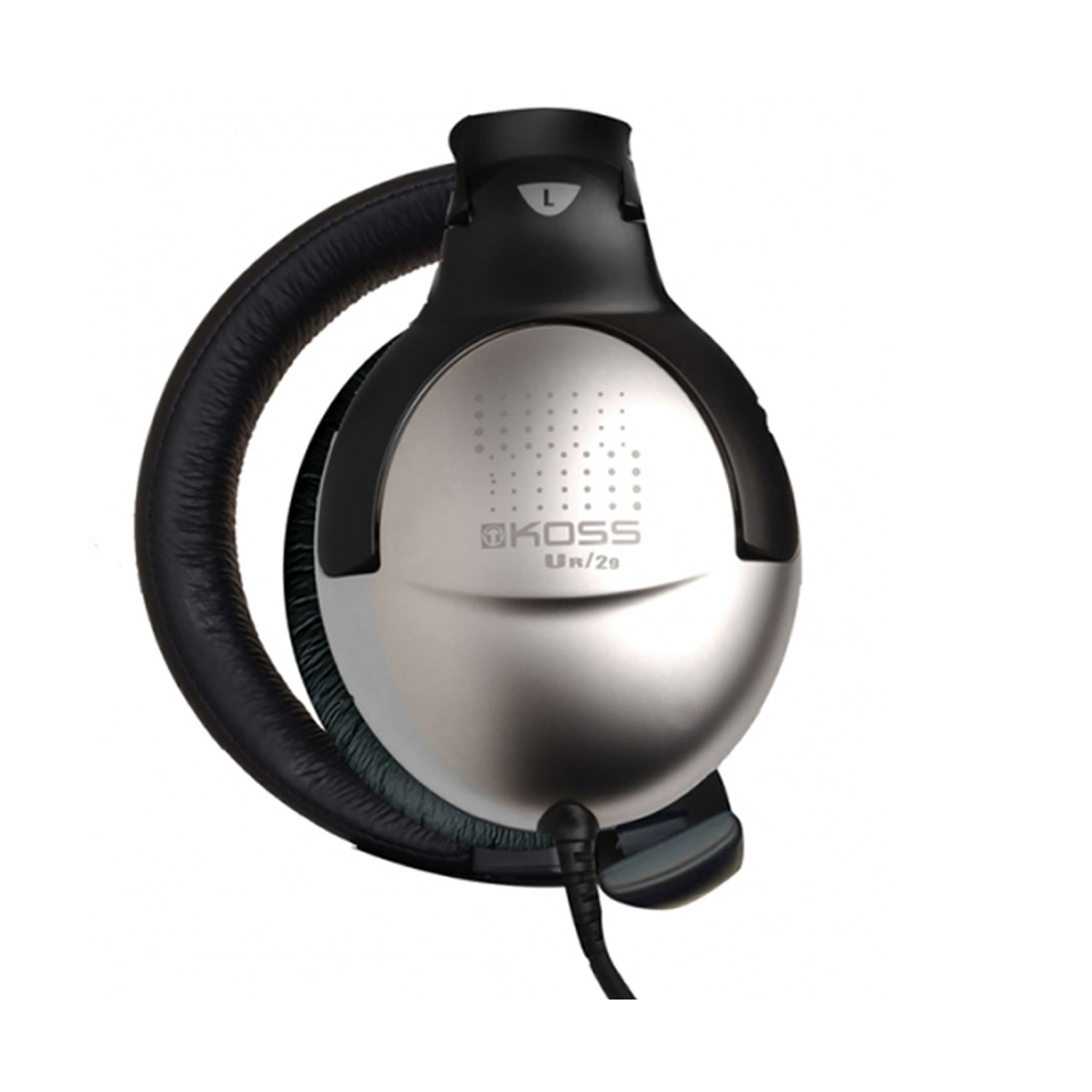 Czarne i srebrne słuchawki z czarnym kablem. Białe tło.