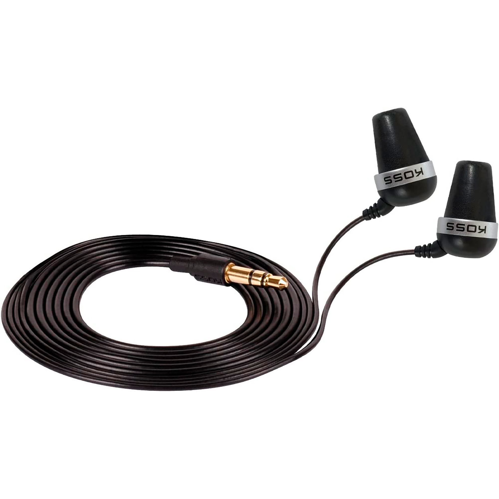 Schwarze In-Ear-Kopfhörer mit goldfarbenem Stecker und schwarzem Kabel.