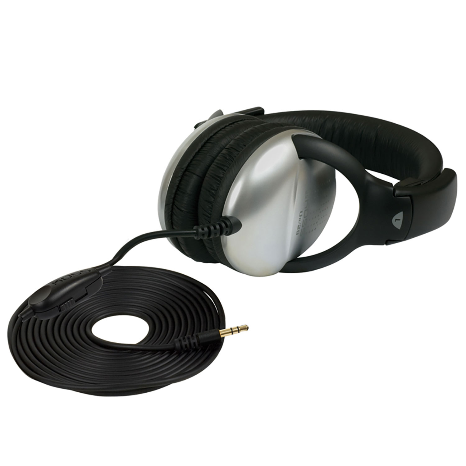 Srebrno-czarne słuchawki z kablem łączącym i wtyczką jack. Słuchawki mają wyściełany pałąk.