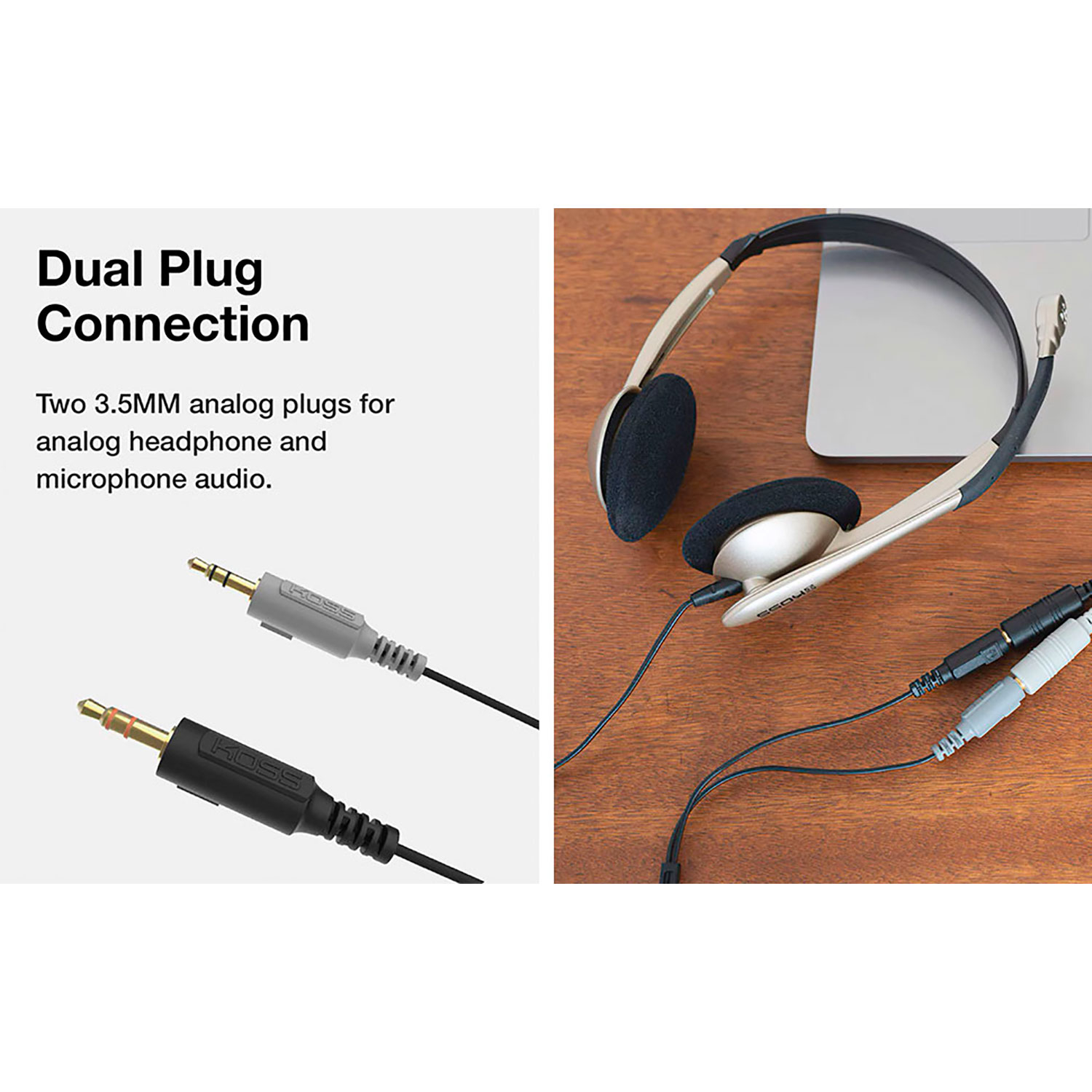 Cuffie e due spine analogiche da 3,5 mm per l'audio di cuffie e microfono.