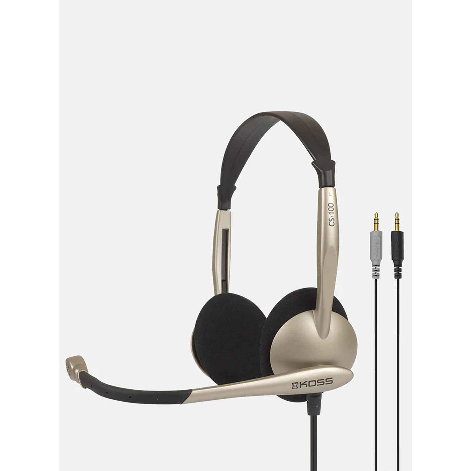 Cuffie con microfono, argento e nero, con due jack audio visibili.