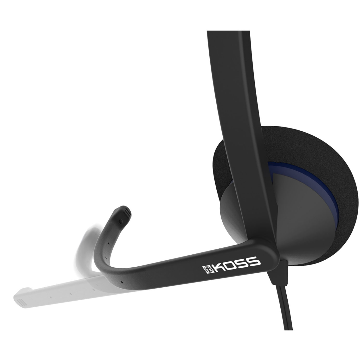Czarne słuchawki z mikrofonem wystającym z nausznika. Logo KOSS jest widoczne na mikrofonie.