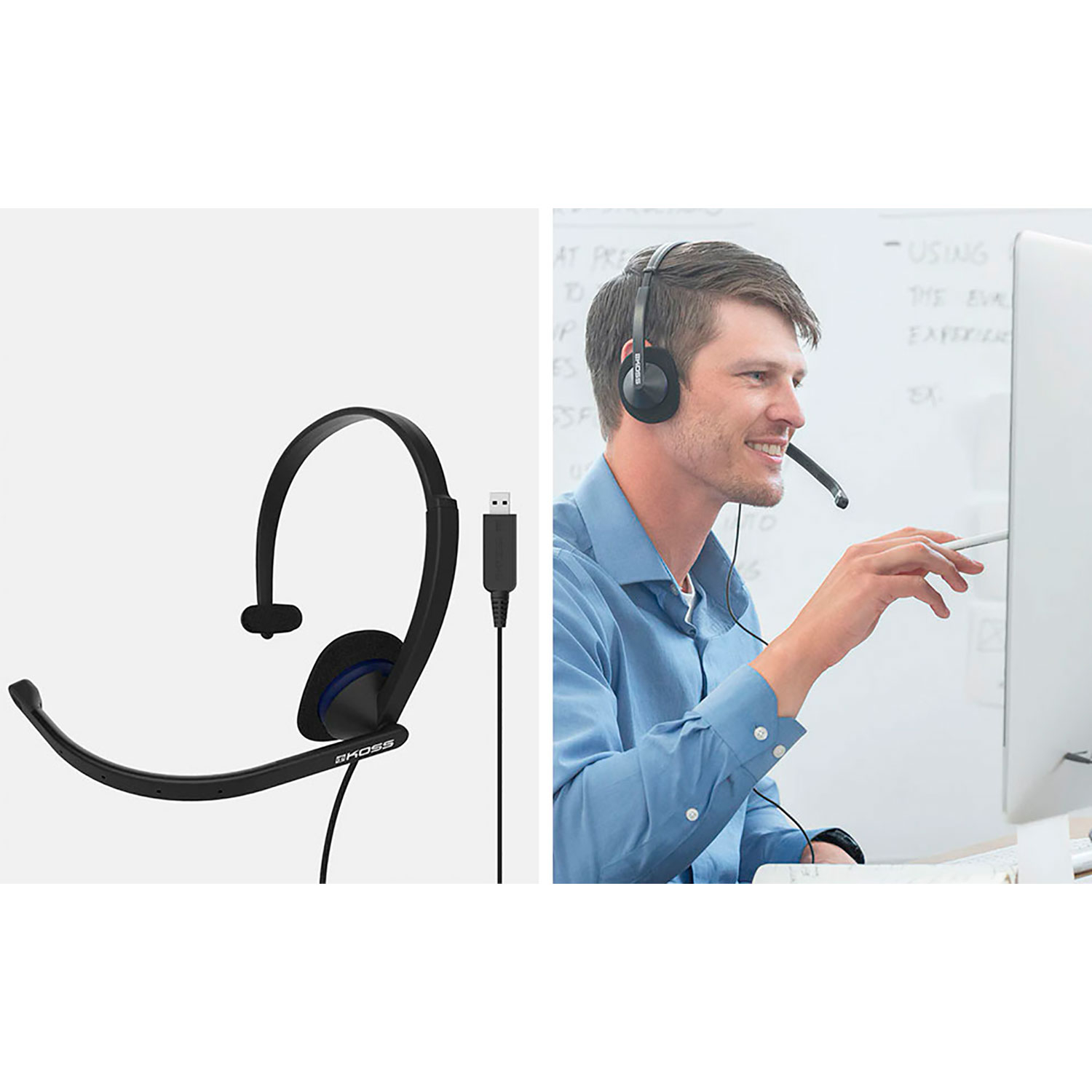 Czarny zestaw słuchawkowy z niebieskim akcentem i mężczyzna używający go z komputerem. Tło to biała tablica.