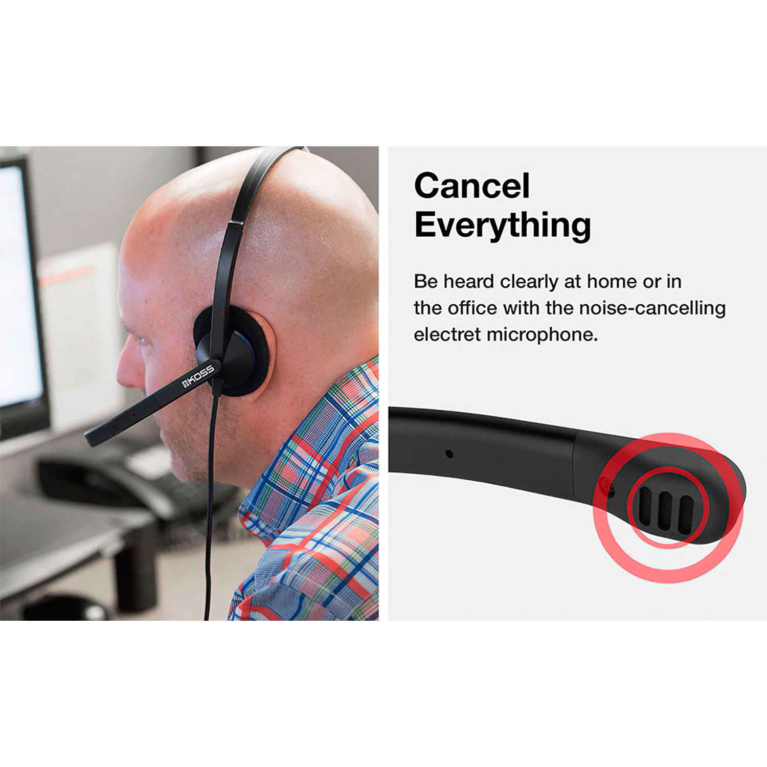 Zestaw słuchawkowy z mikrofonem. Tekst mówi 'Anuluj wszystko'. Czerwony obszar pokazuje szczegóły mikrofonu.