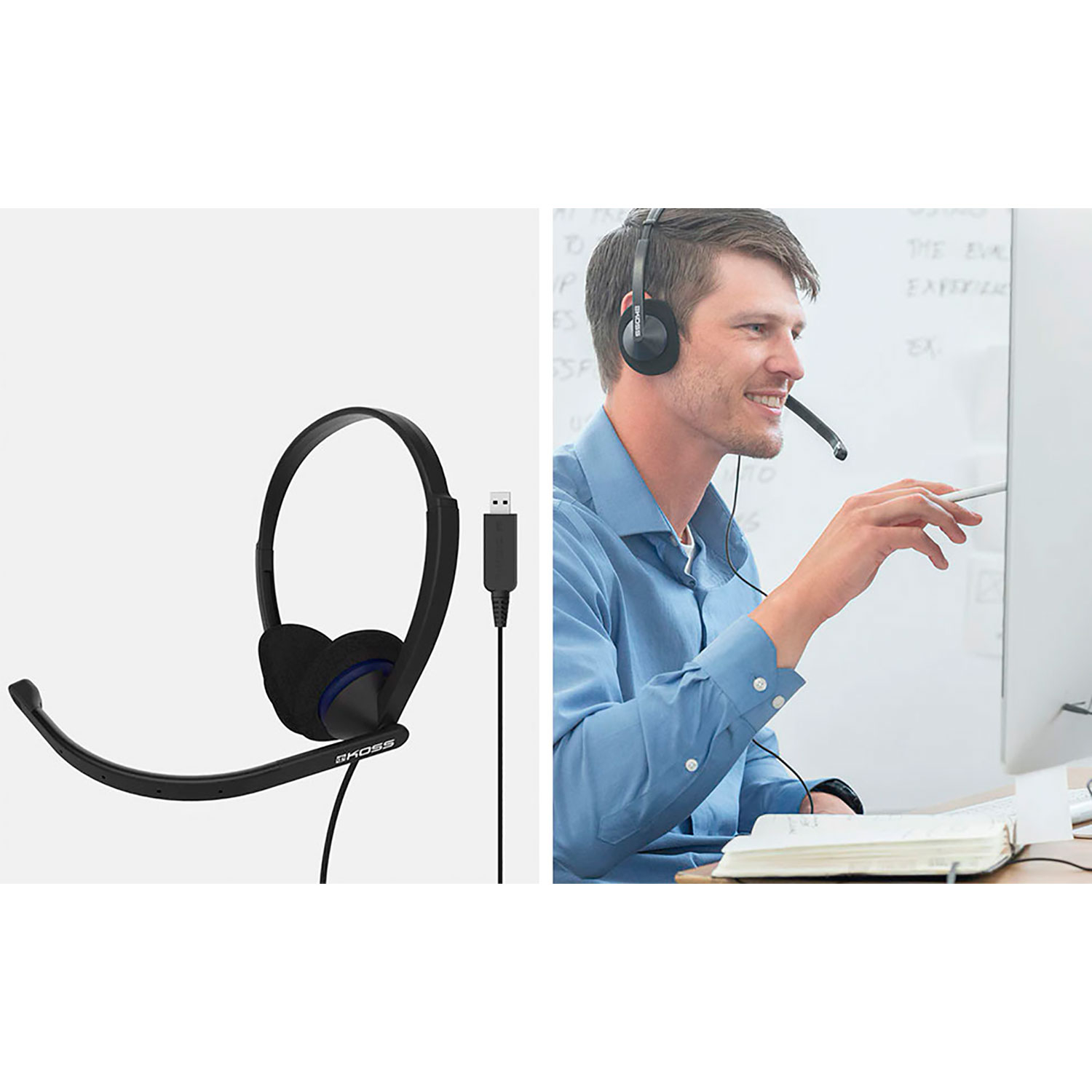 Un auricular a la izquierda y un hombre con auriculares sonriendo, usando una computadora a la derecha.