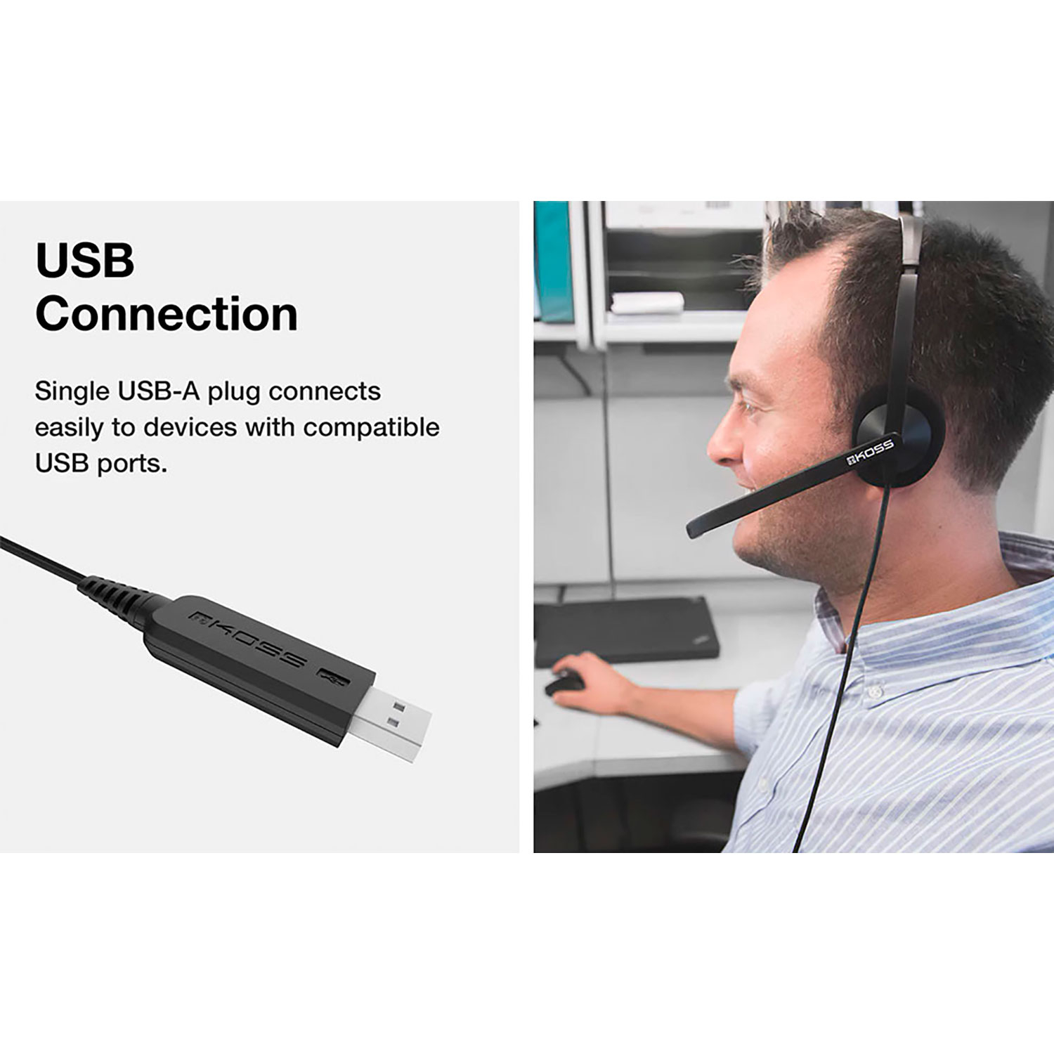 Un cable USB conectado a un auricular, con texto sobre conexión USB y una persona usando.