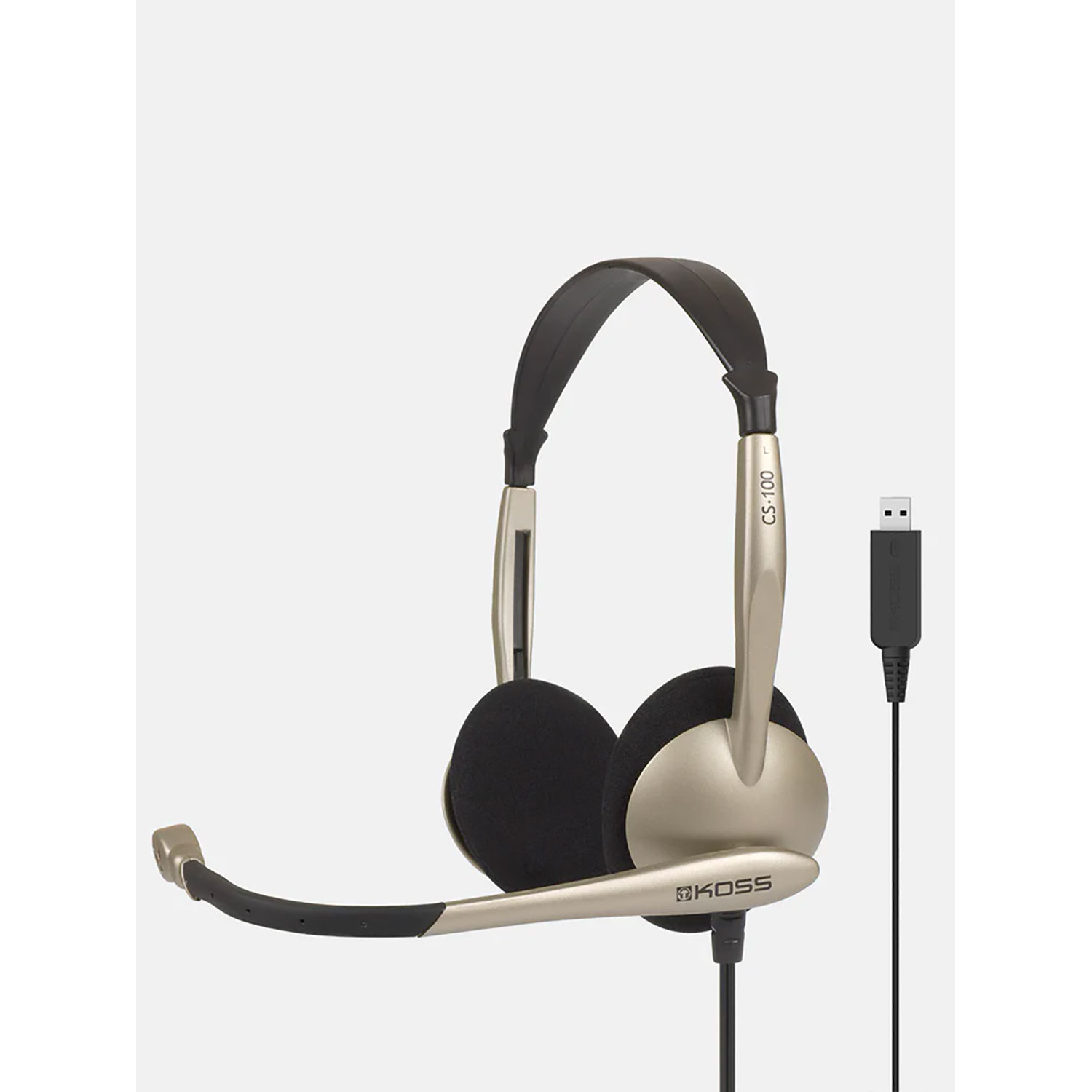 Kopfhörer mit Mikrofon. Die Kopfhörer sind silber und schwarz und über ein USB-Kabel verbunden.