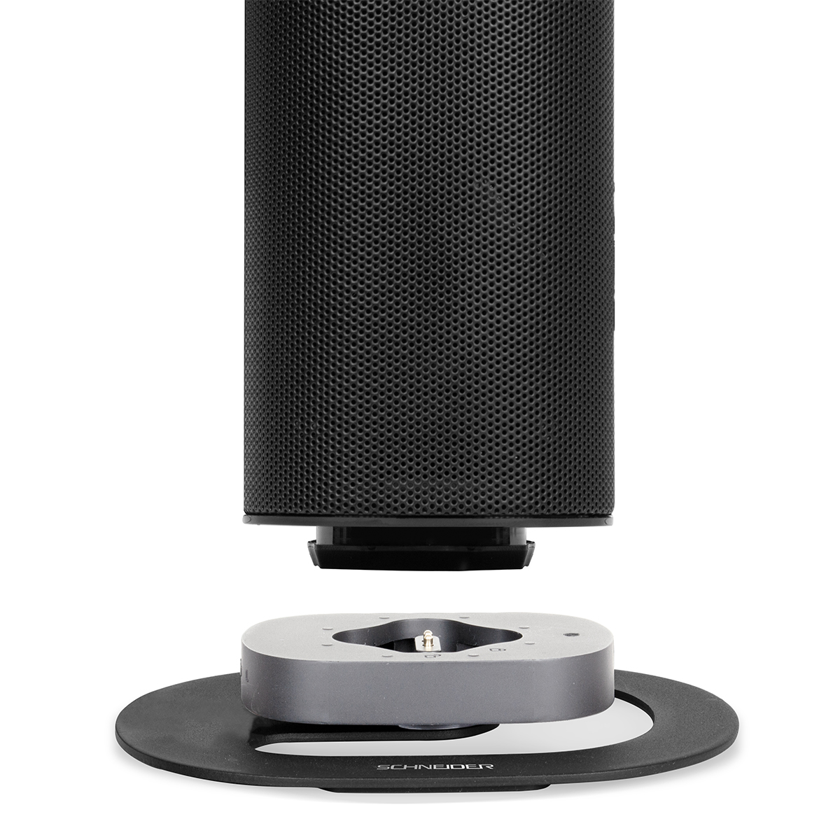 Una base y parte superior de altavoz negro. El altavoz es cilíndrico con una malla negra, sobre un fondo blanco.