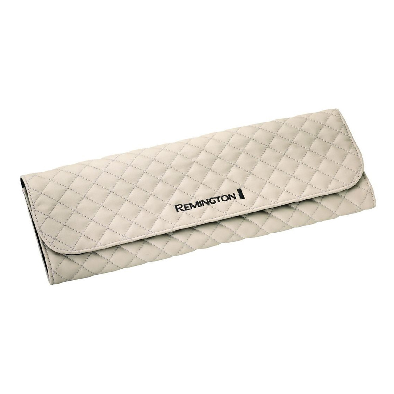 Pikowane beżowe etui na narzędzia do włosów Remington, zamknięte. Białe tło. Logo Remington.