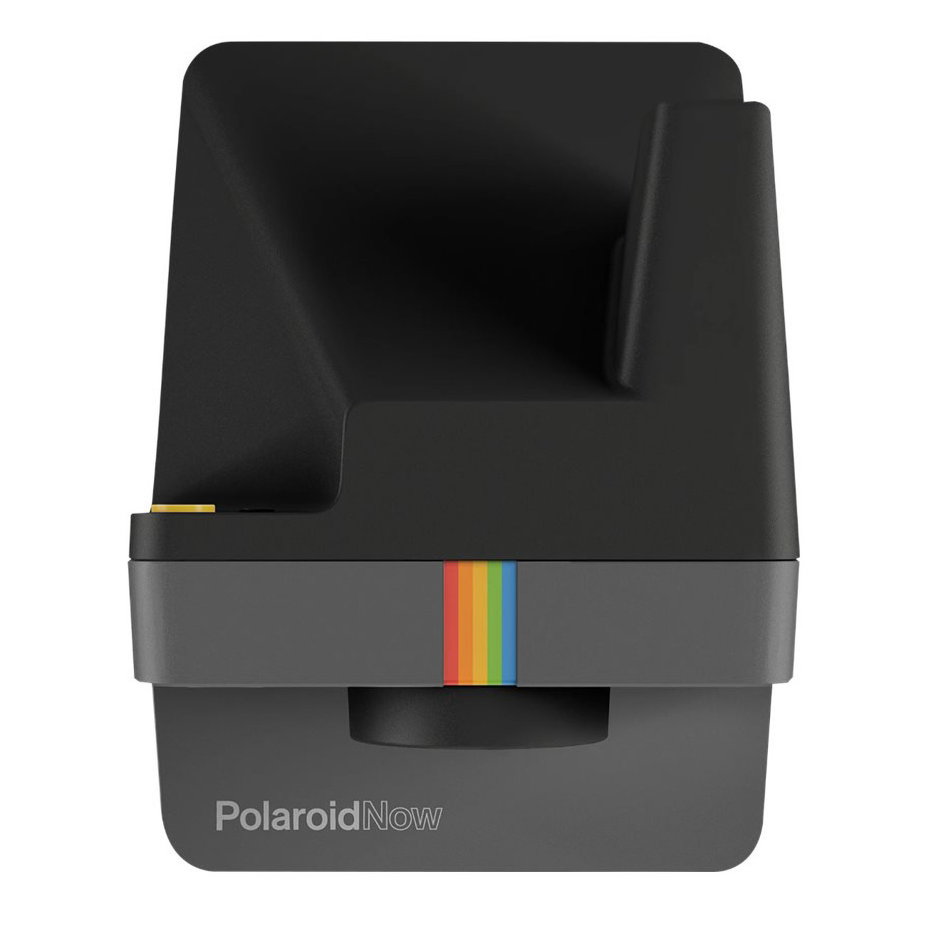 Fotocamera Polaroid nera con una striscia colorata, su sfondo bianco. C'è scritto PolaroidNow.