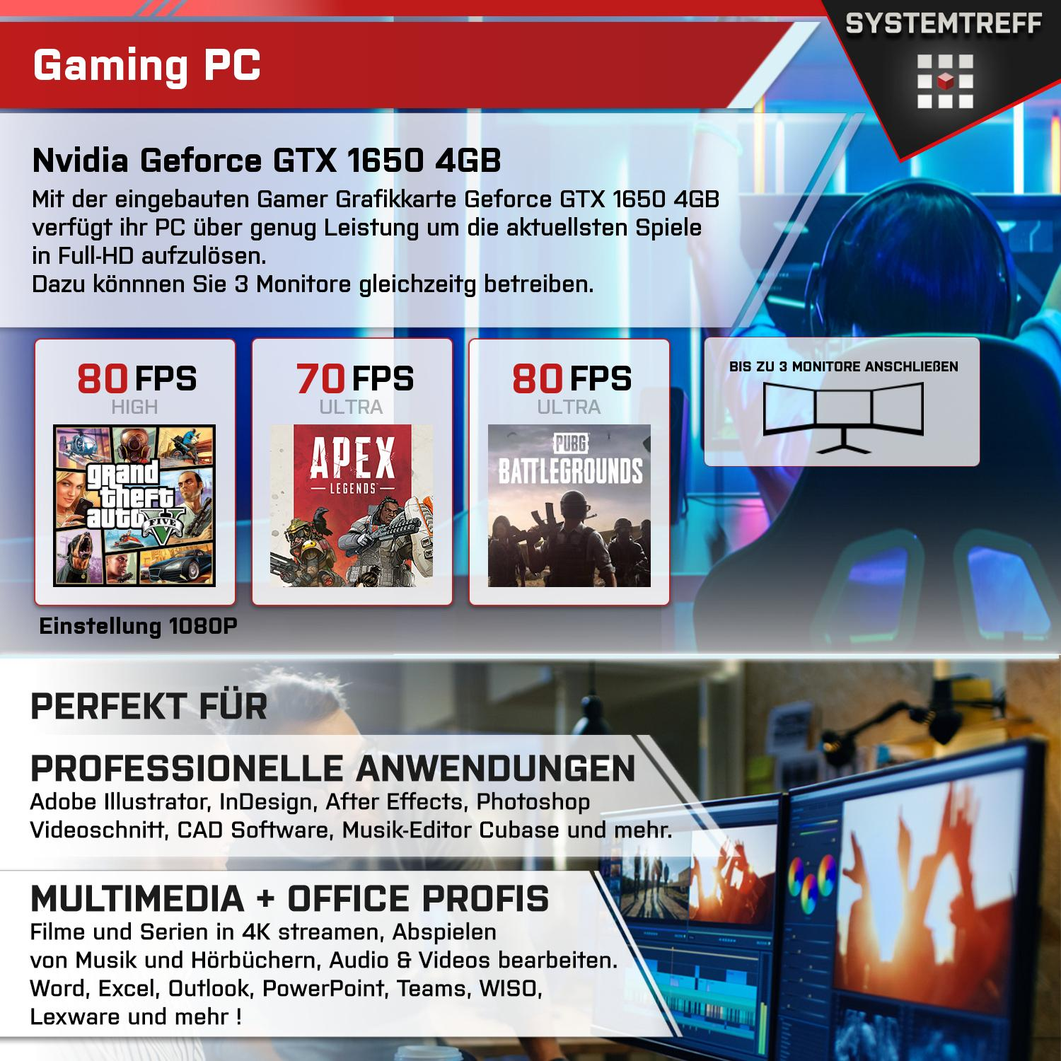 SYSTEMTREFF Gaming AMD Ryzen 3 NVIDIA Prozessor, mit 3 GTX Pro, 4100, 16 PC 512 1650 GB Windows 11 RAM, Ryzen™ mSSD, GB GeForce® AMD Gaming