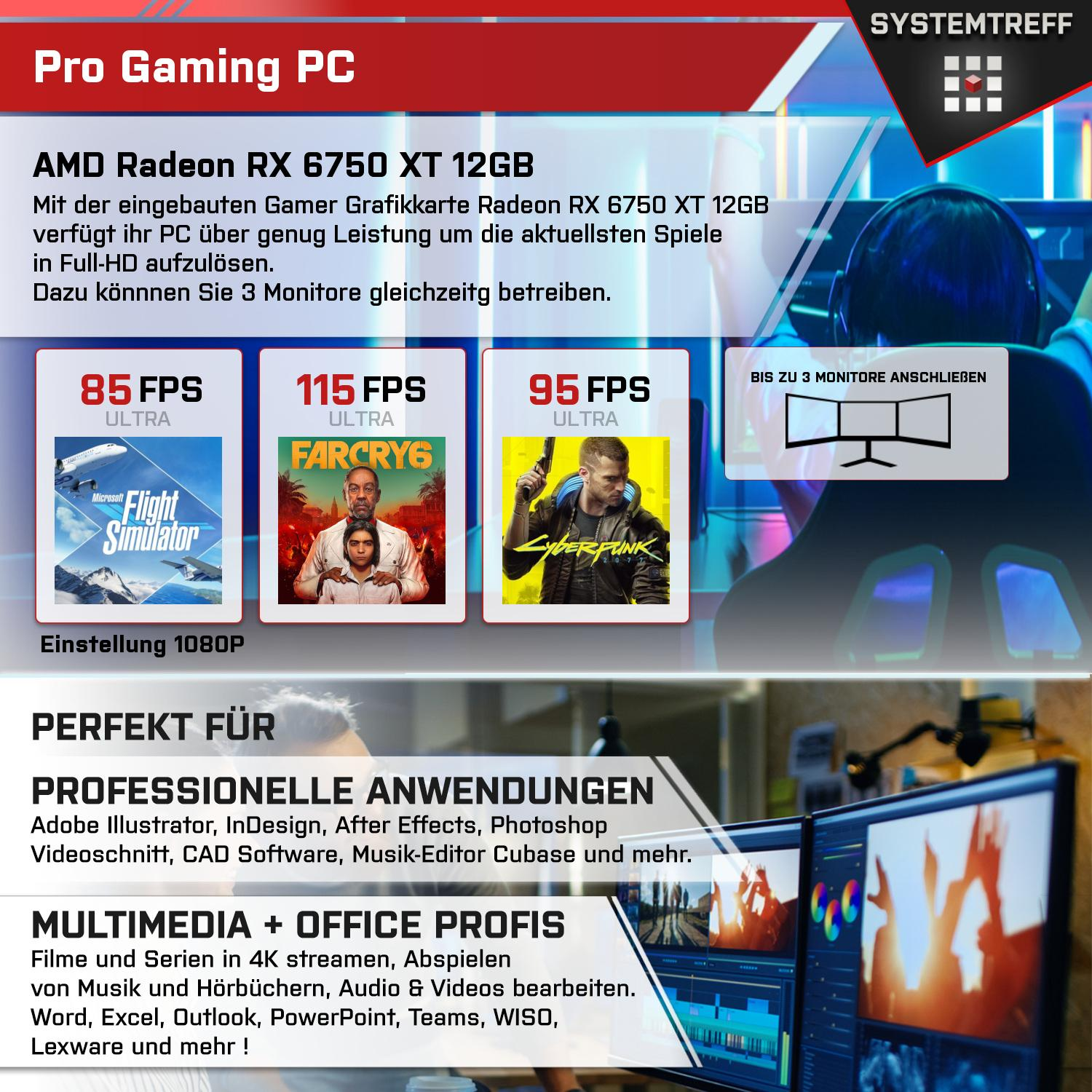 Werbebild für einen Gaming-PC mit Screenshots und technischen Daten.