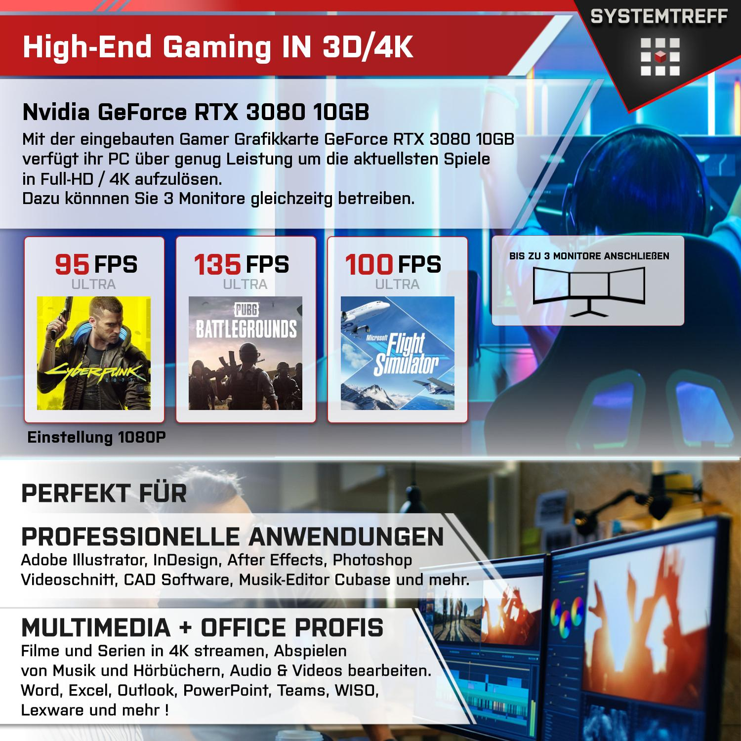 SYSTEMTREFF High-End Gaming 3080 Gaming RAM, PC 1000 GB Pro, AMD AMD Prozessor, Windows mit 7 RTX™ GeForce Ryzen™ 11 Ryzen 7 NVIDIA GB mSSD, 32 5800X3D