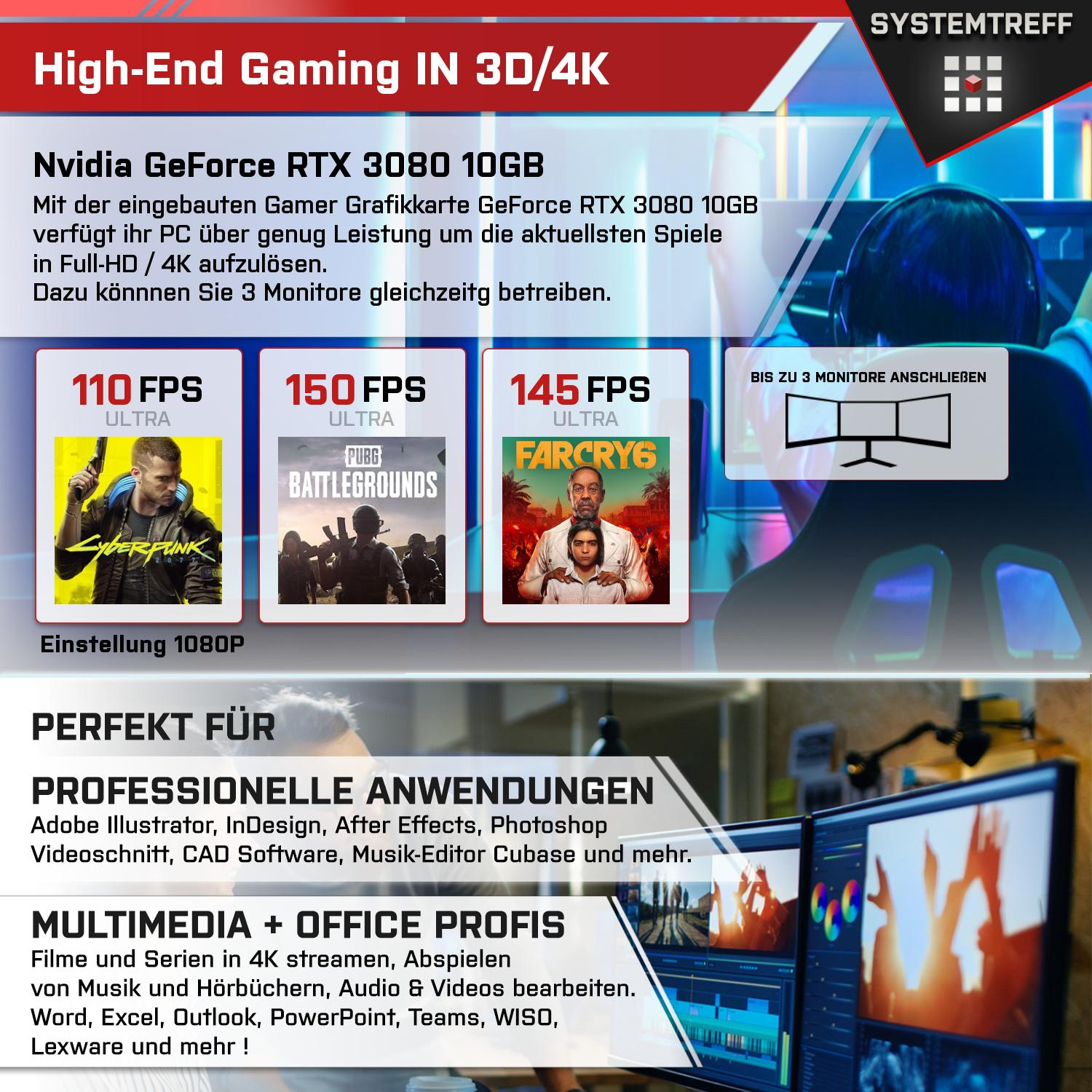 SYSTEMTREFF Gaming 10 RTX Komplett mSSD, Intel PC Komplett GeForce 3080 mit Prozessor, GB GDDR6X, 32 Core i9-12900KF, i9-12900KF GB 1000 Nvidia GB RAM, 10GB