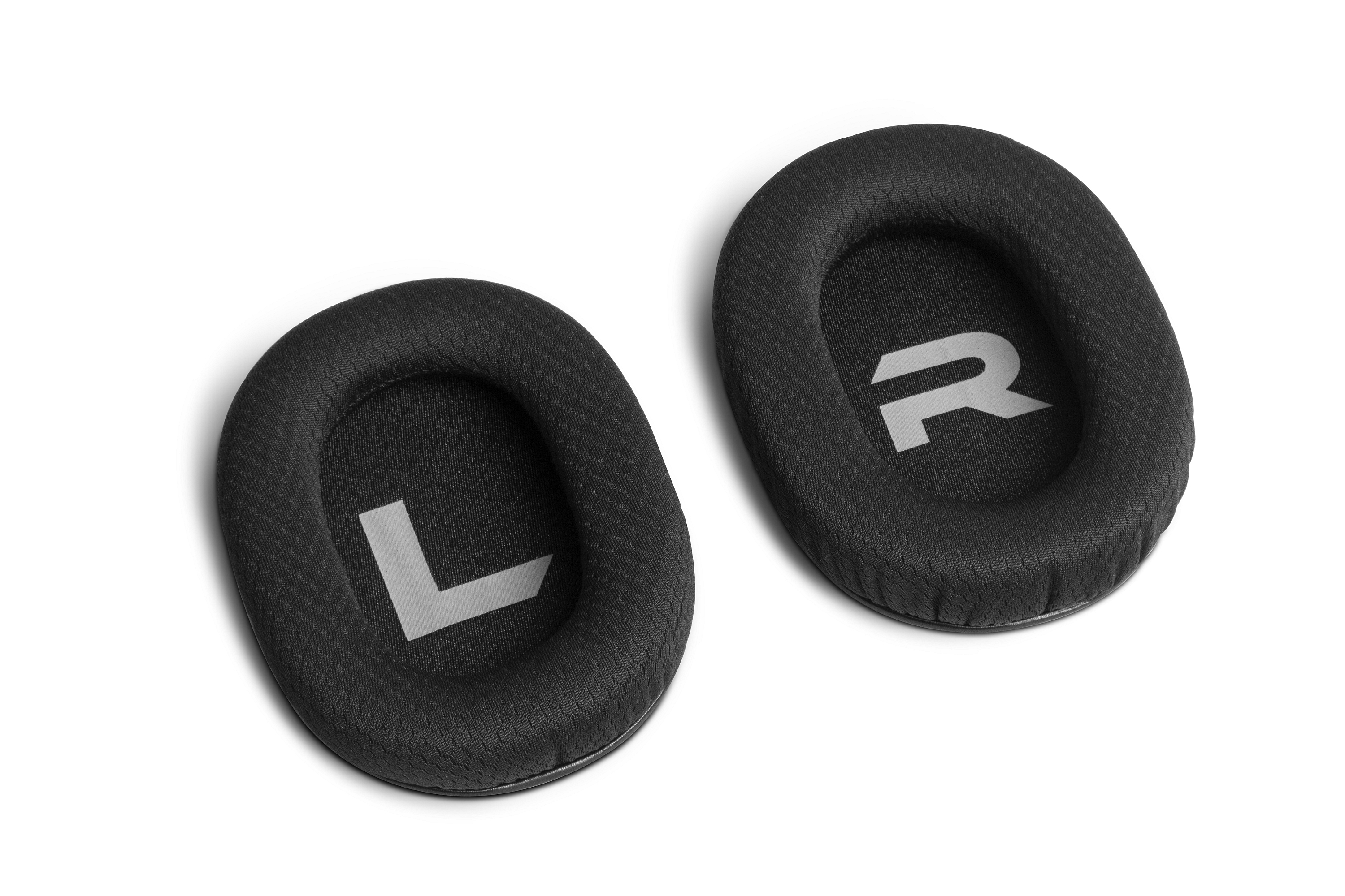 Dos almohadillas negras con etiquetas 'L' y 'R' sobre fondo blanco.