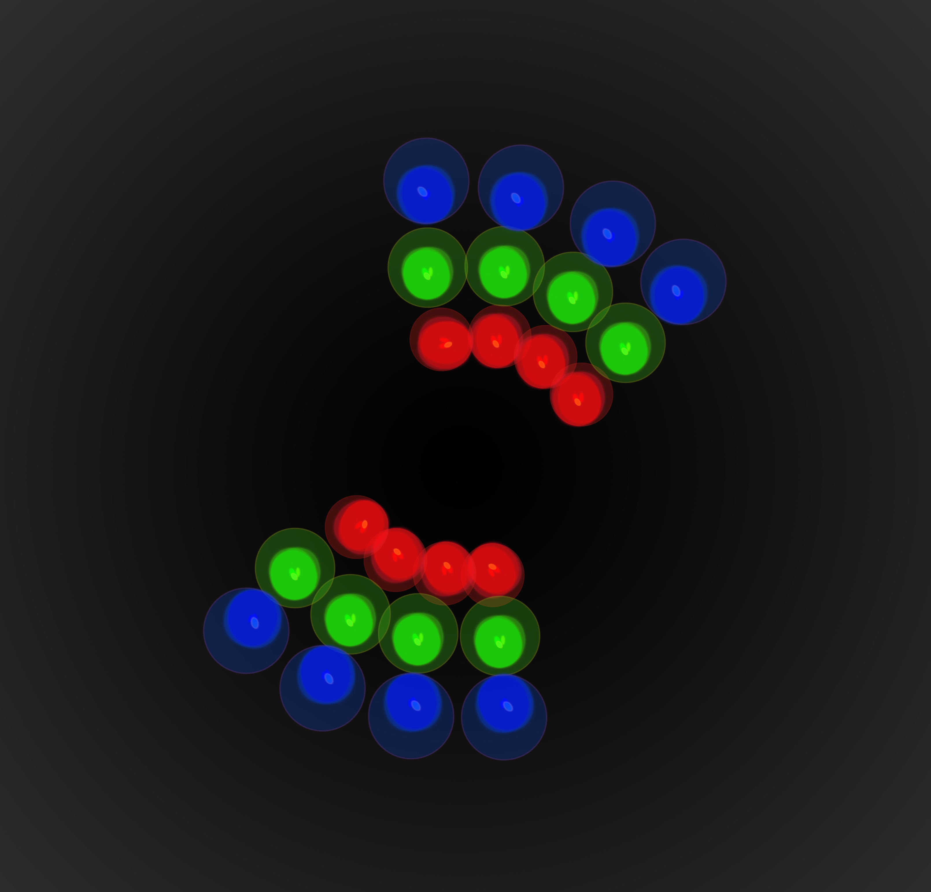 Abstracte afbeelding met rode, groene en blauwe cirkels op zwarte achtergrond.