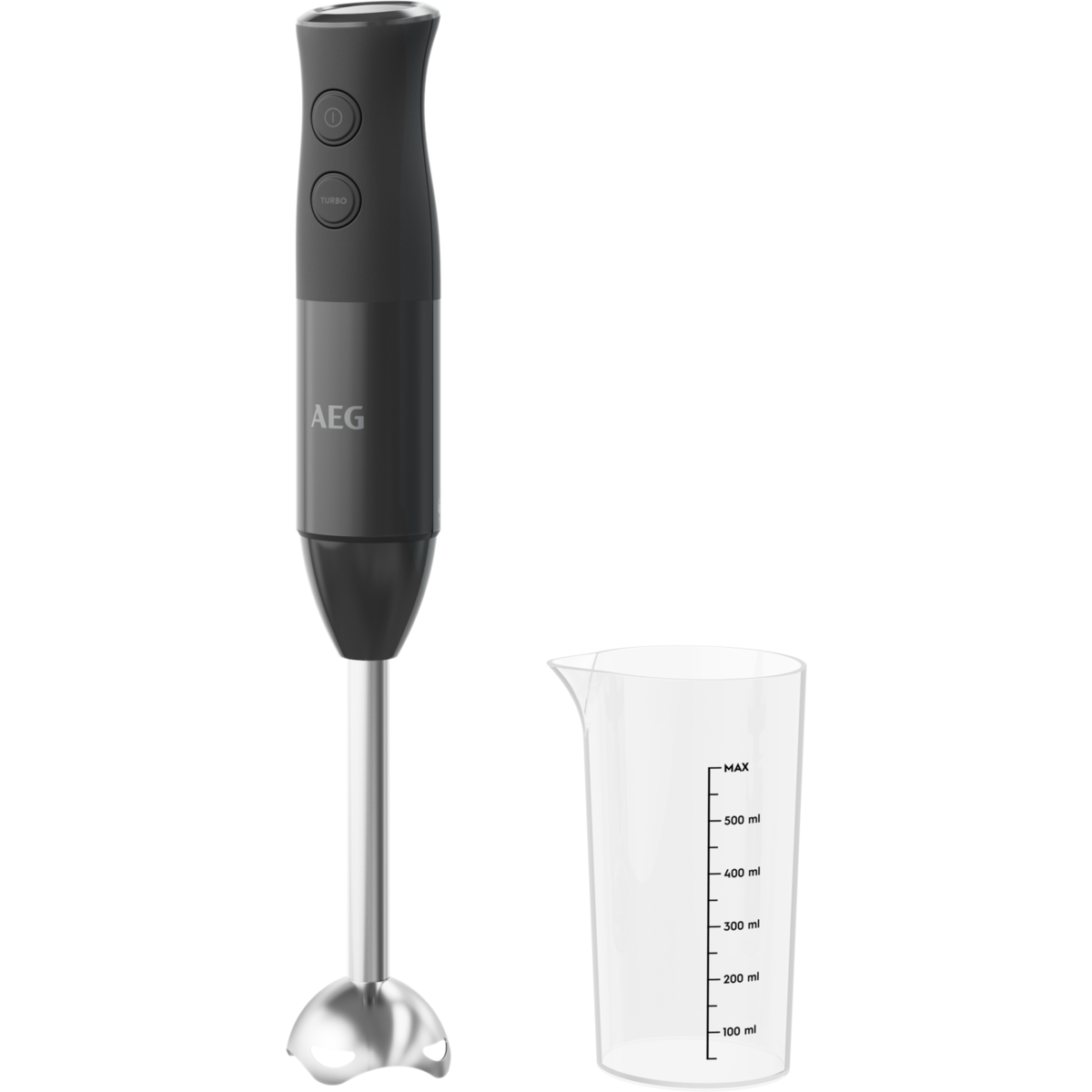 Schwarzer AEG Stabmixer mit Messbecher.