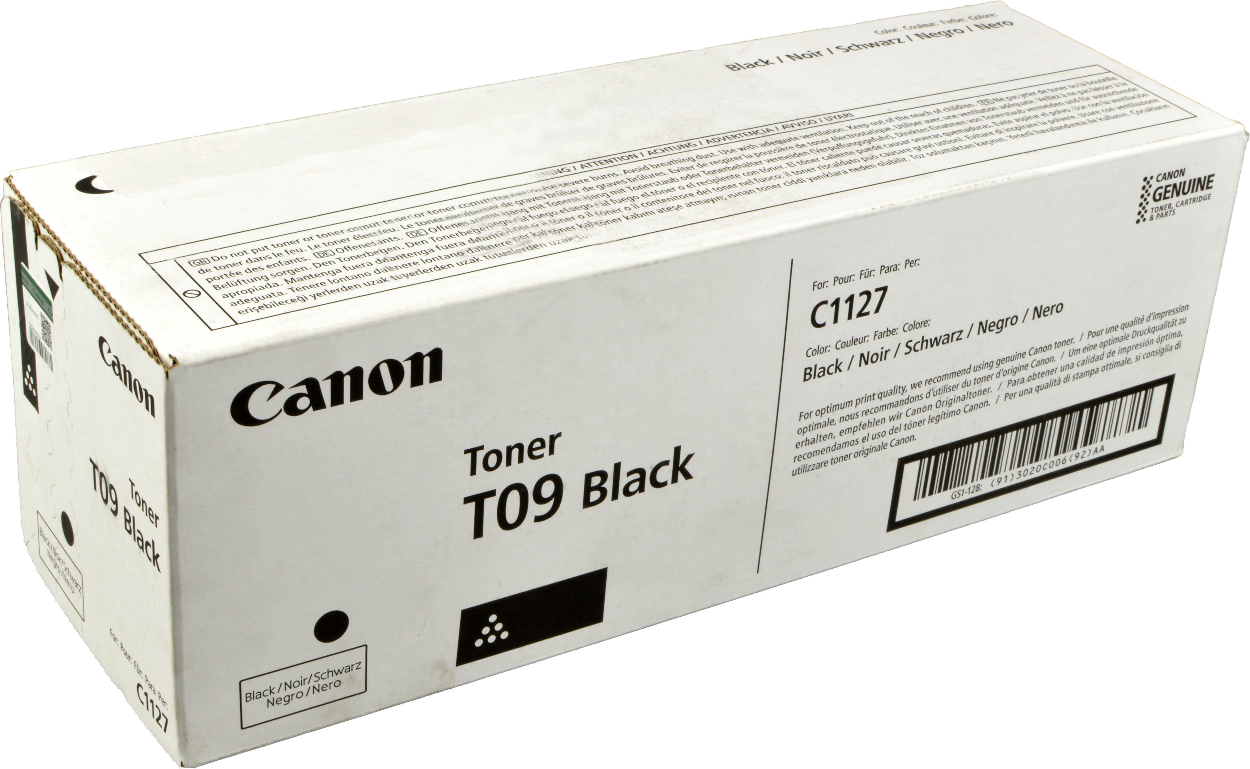 Białe kartonowe pudełko z tonerem Canon T09 Black do drukarek.