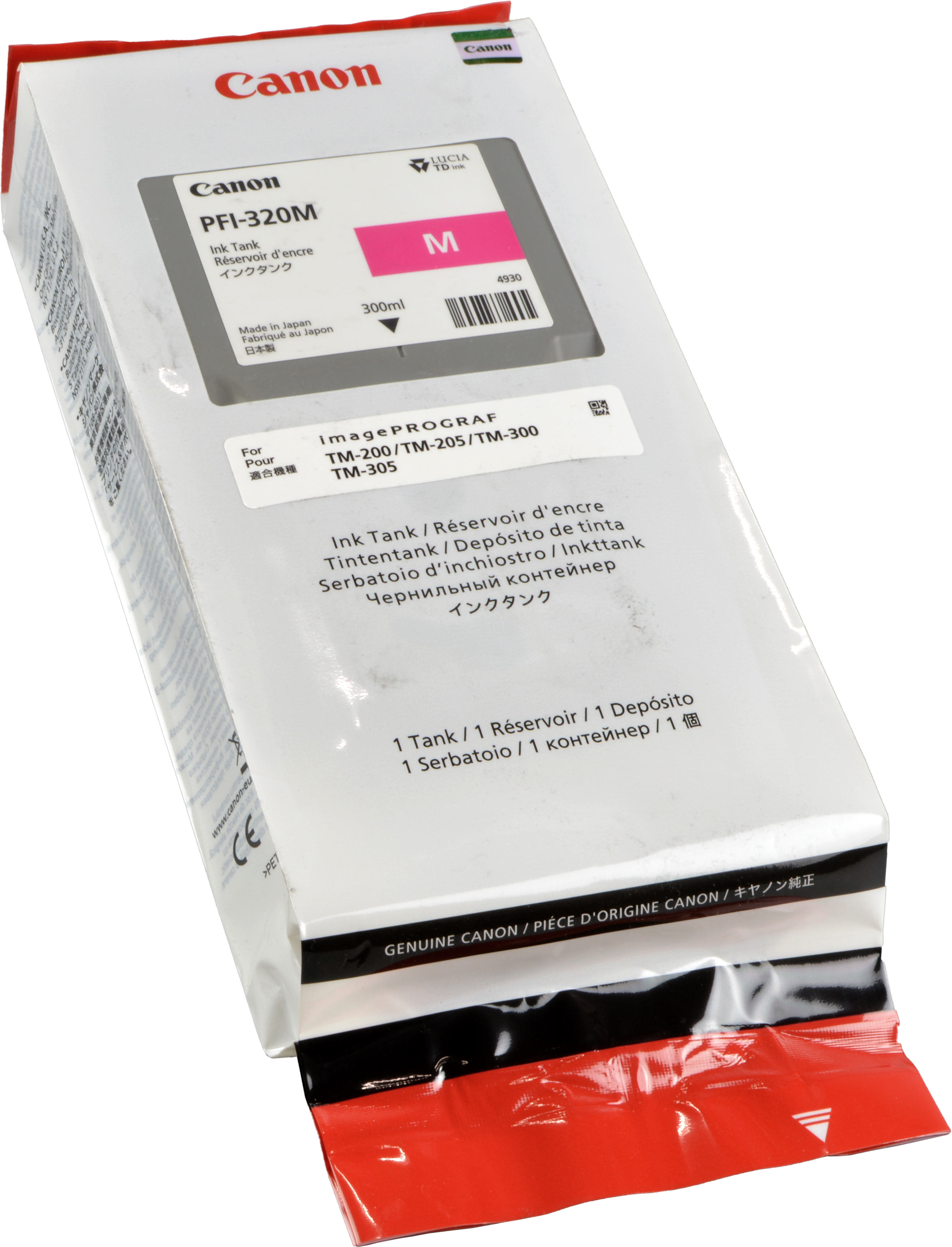 Emballage de cartouche d'encre magenta Canon, blanc et rouge, avec info.