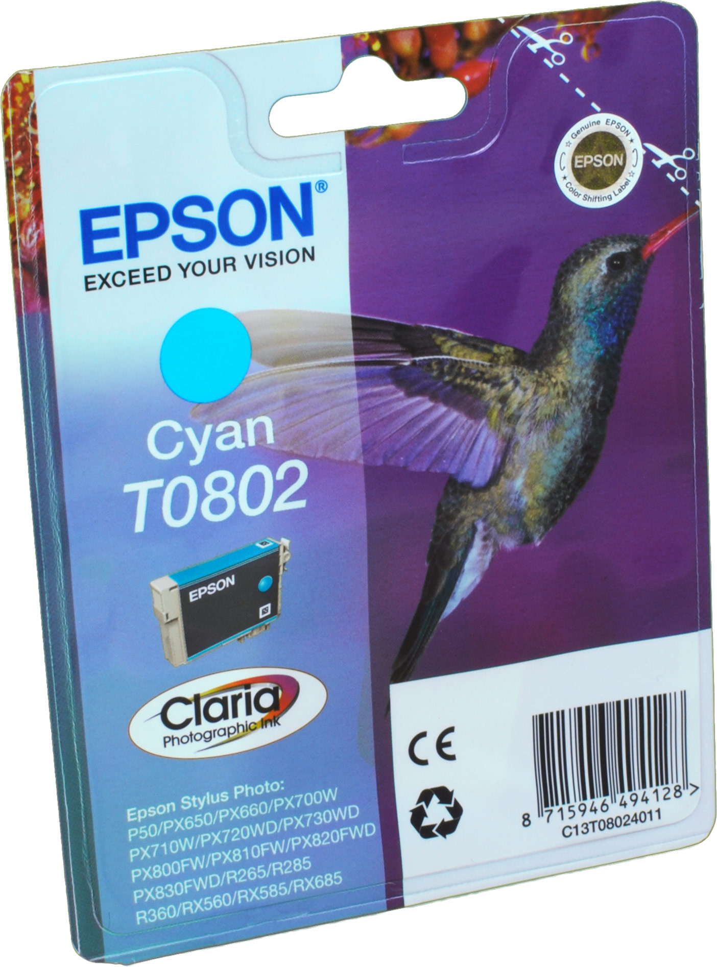 Verpackung für Cyan-Tintenpatrone. Blau und weiß mit einem Kolibri-Bild. Weißer Hintergrund.