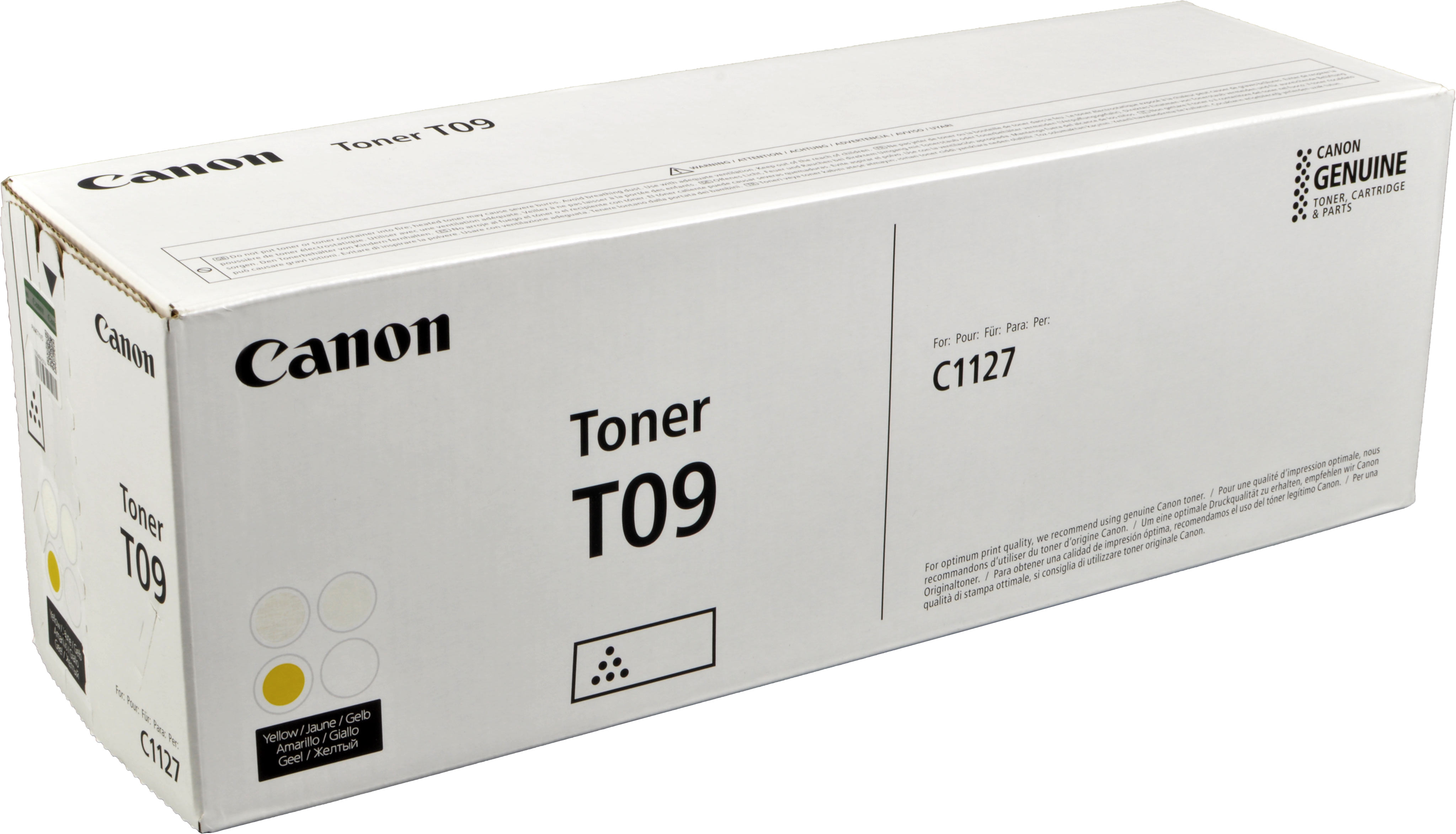 Pudełko Canon Toner T09, białe z czarnym tekstem, żółtymi i czarnymi oznaczeniami kolorów. Białe tło.