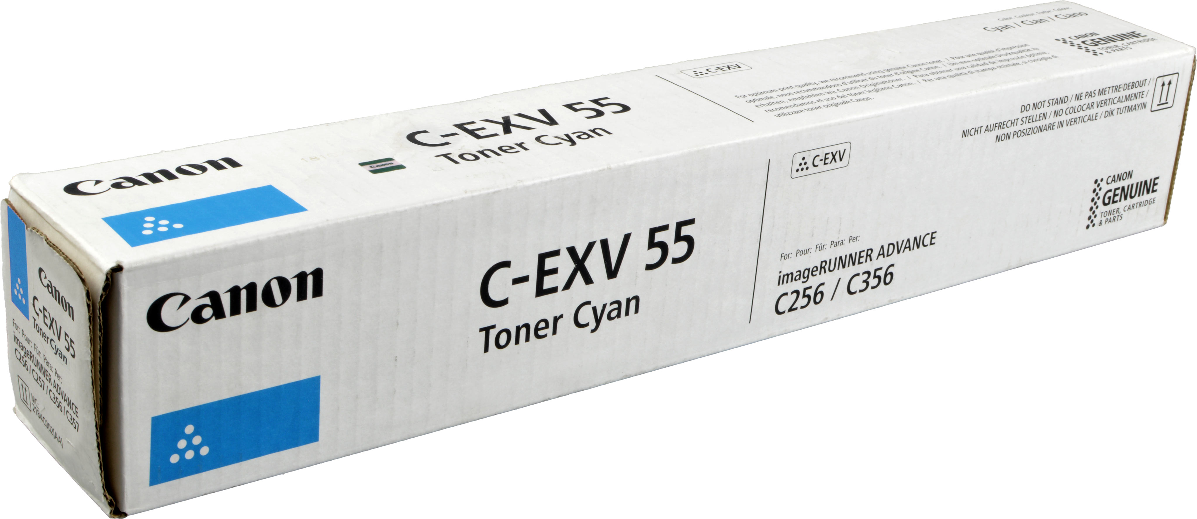 Pudełko z wkładem z tonerem cyjanowym. Canon, C-EXV 55 Toner Cyan i kompatybilność drukarki C256/C356 wydrukowane.