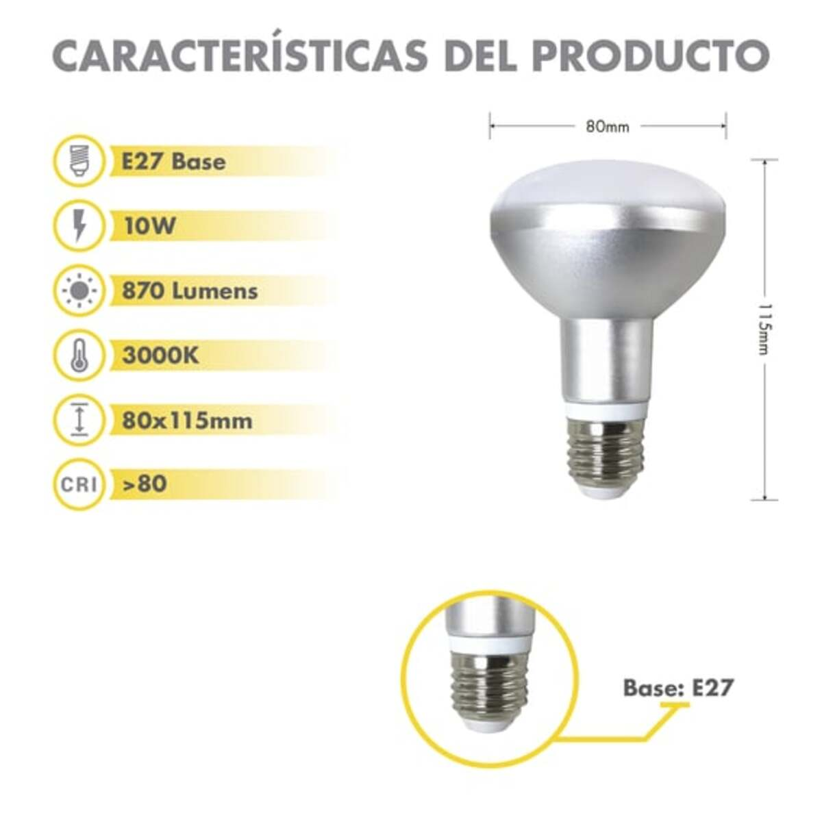 Características del producto de una bombilla, incluyendo base, potencia, lúmenes, temperatura de color y dimensiones.
