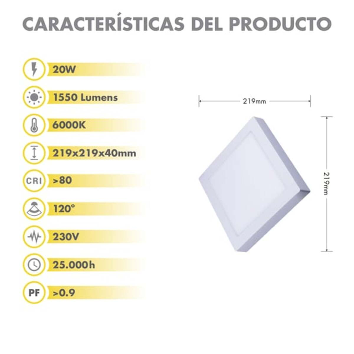 Tabla de especificaciones del producto con detalles de potencia, dimensiones e información técnica.