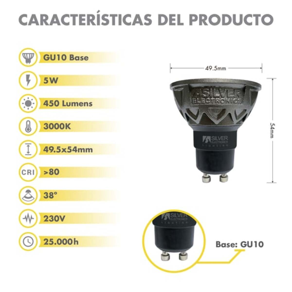 Un diagrama con texto sobre una bombilla, incluidas dimensiones y especificaciones técnicas.