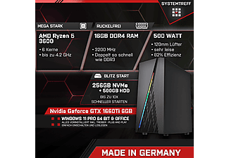 SYSTEMTREFF Gaming Komplett AMD Ryzen 5 3600, Komplett PC mit 3600 Prozessor, 16 GB RAM, 256 GB mSSD, 500 GB HDD, Nvidia Geforce GTX 1660 Ti 6GB, 6 GB
