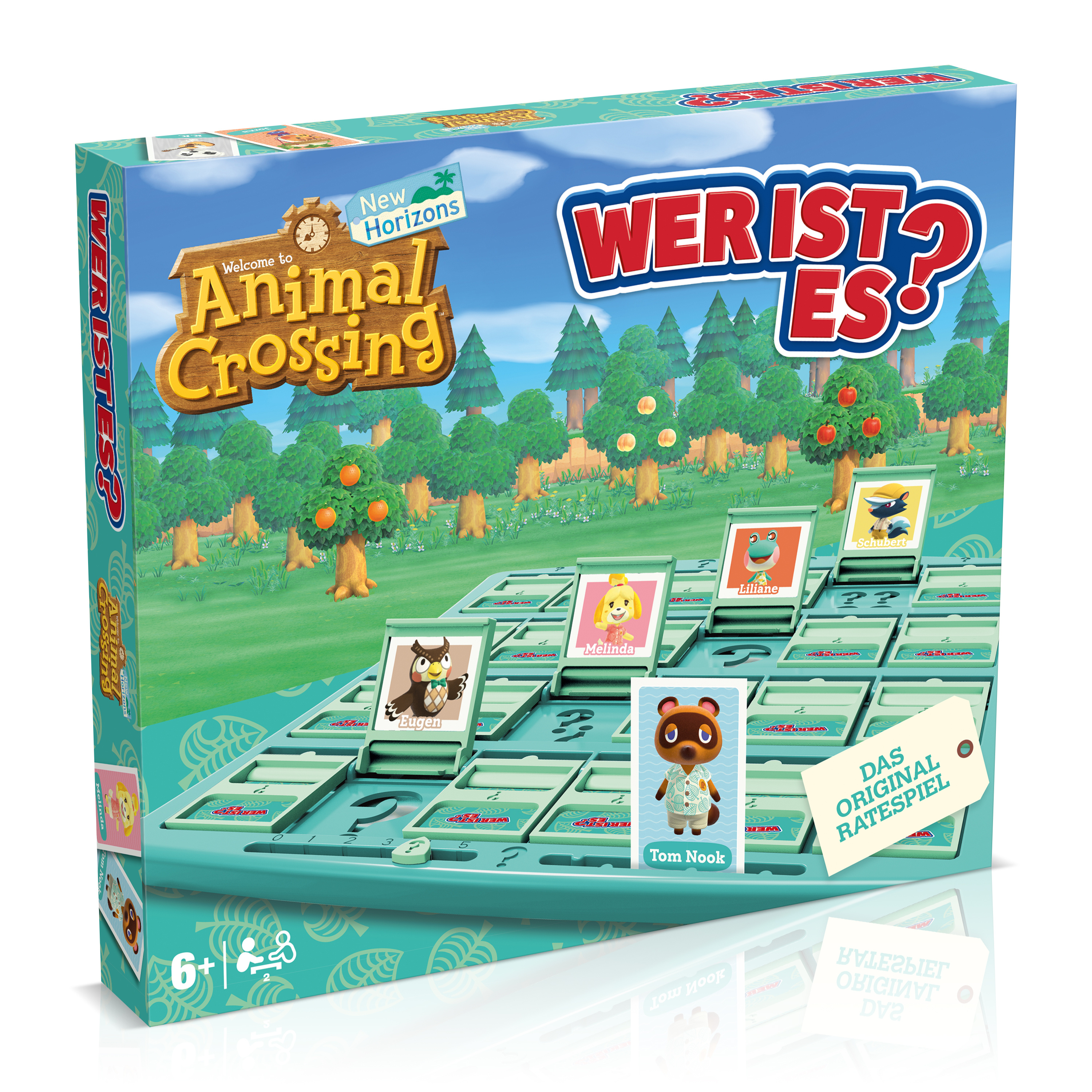 Animal Crossing Brettspielbox mit Charakteren und Text. Helle Farben und weißer Hintergrund.
