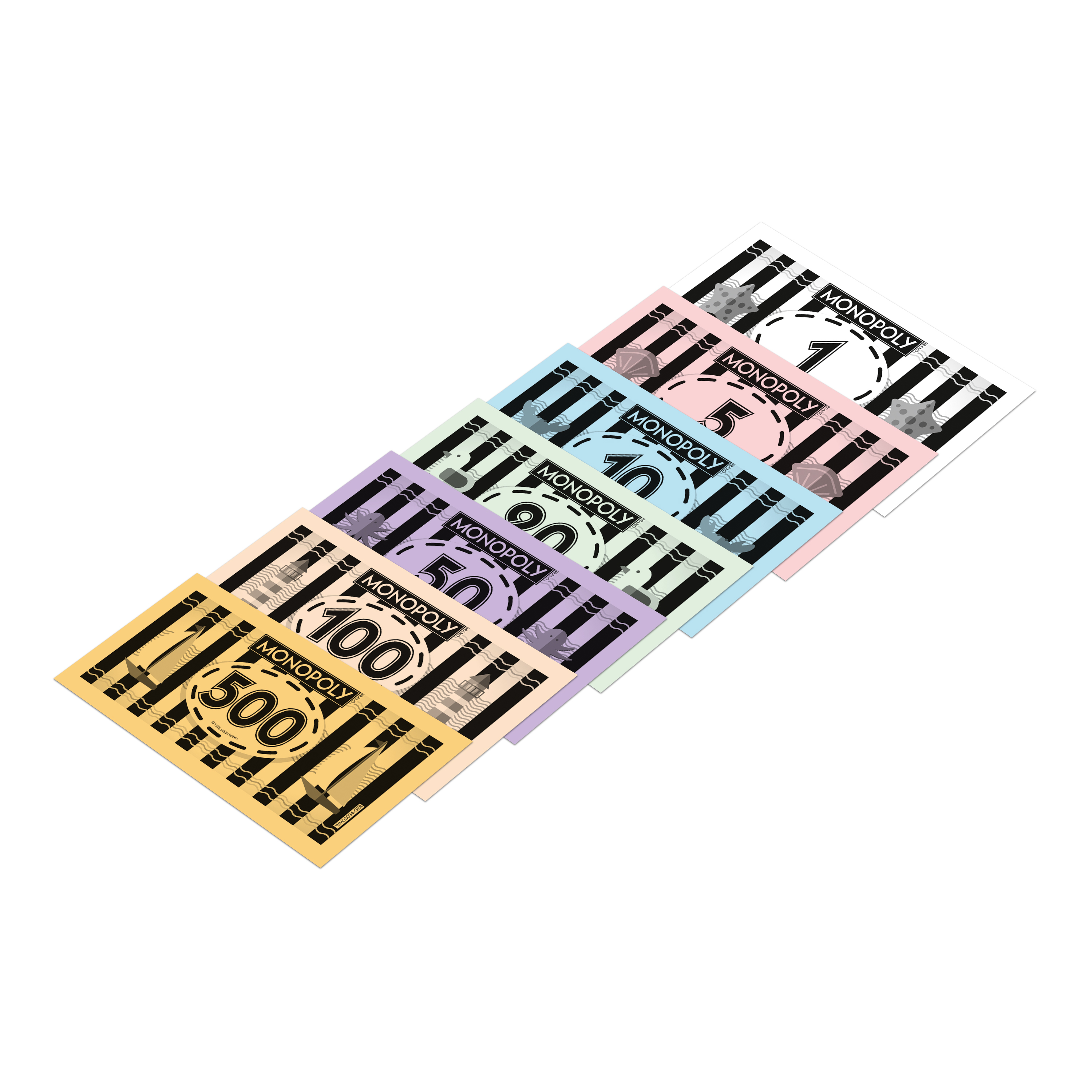 Monopoly-Geld in verschiedenen Farben, auf weißem Hintergrund angeordnet.
