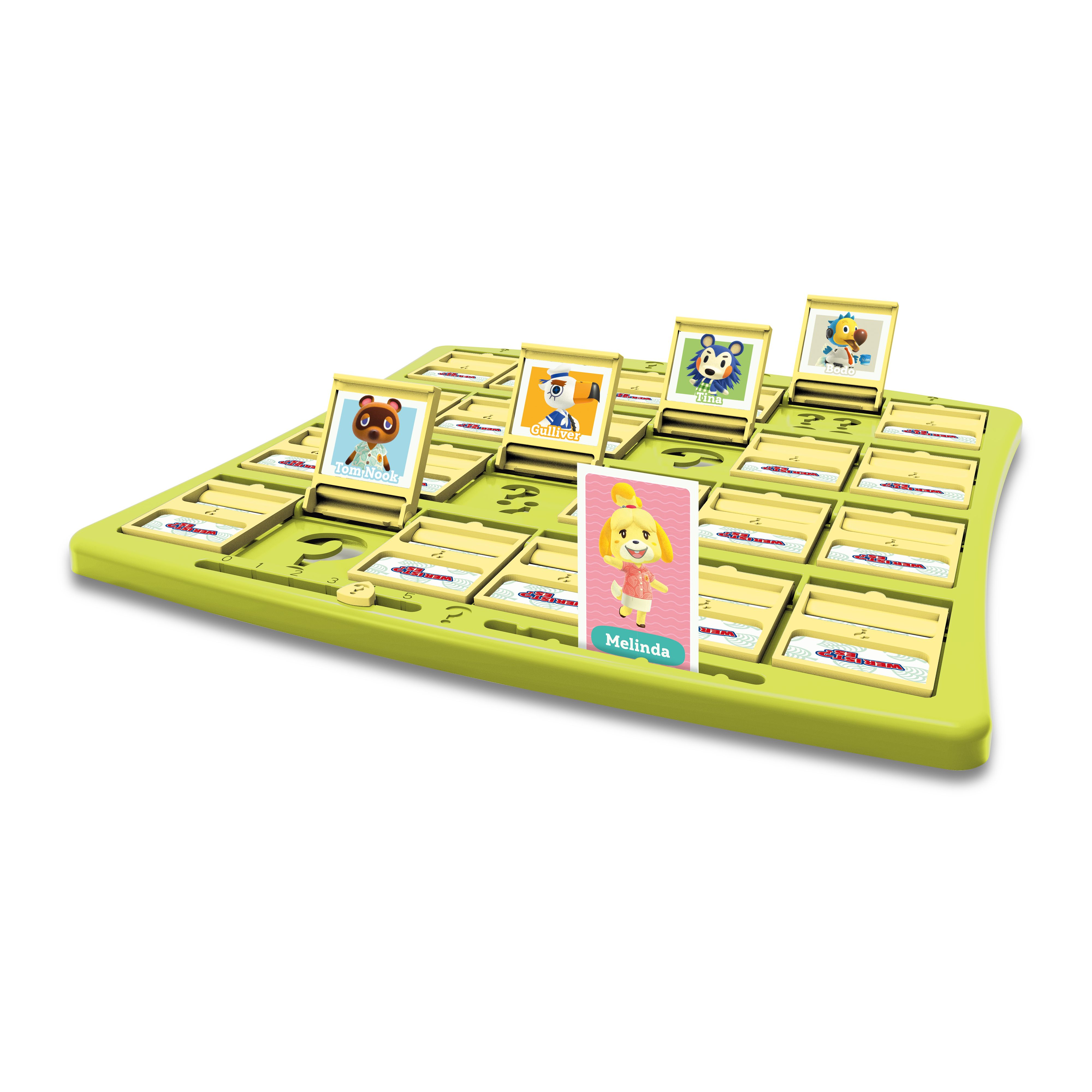 Animal Crossing Wer ist es Spiel. Ein Brett mit Charakteren, einschließlich Isabelle, und mit Fragezeichen bedeckten Schlitzen.