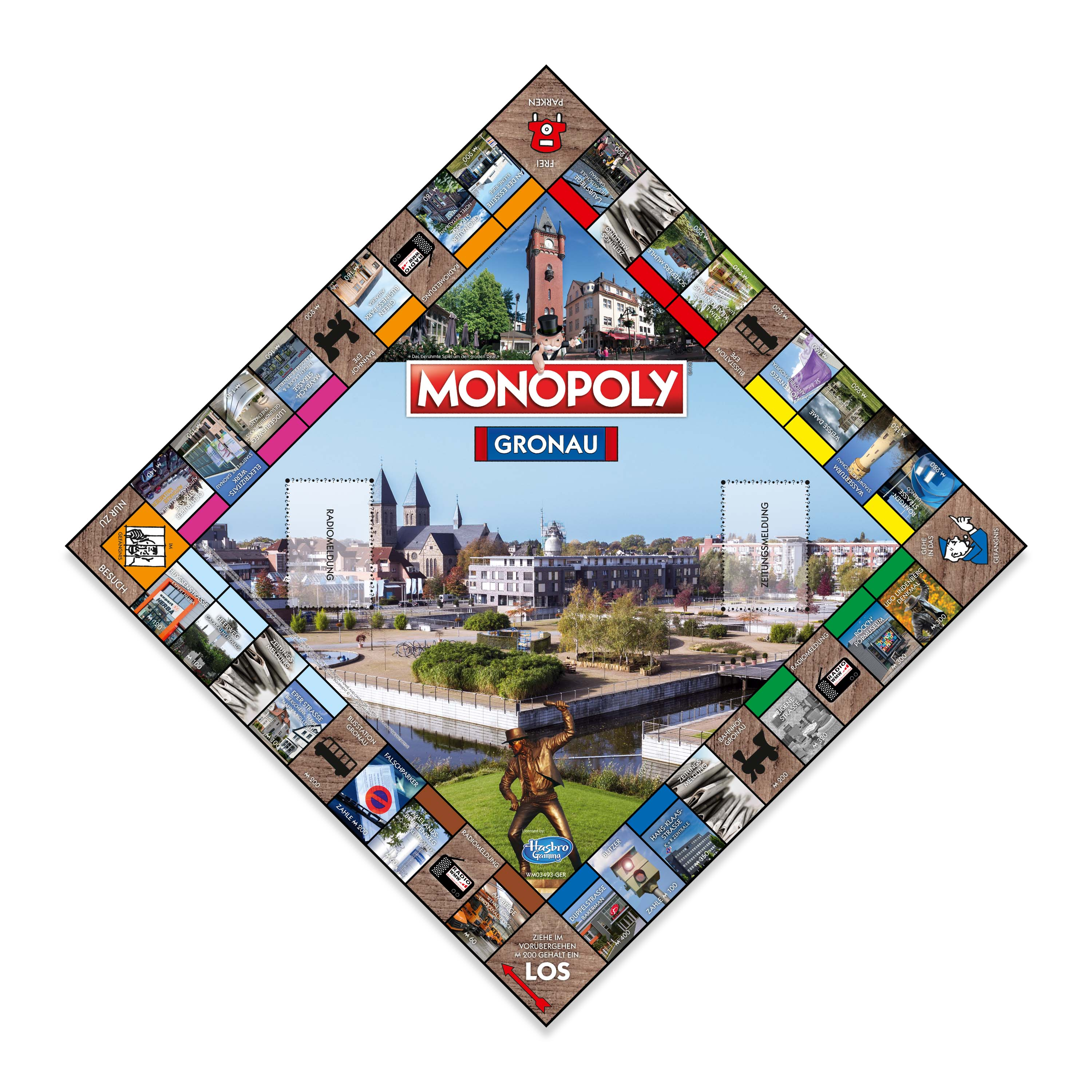 Monopoly-Brettspiel mit Stadtlandschaft in der Mitte.