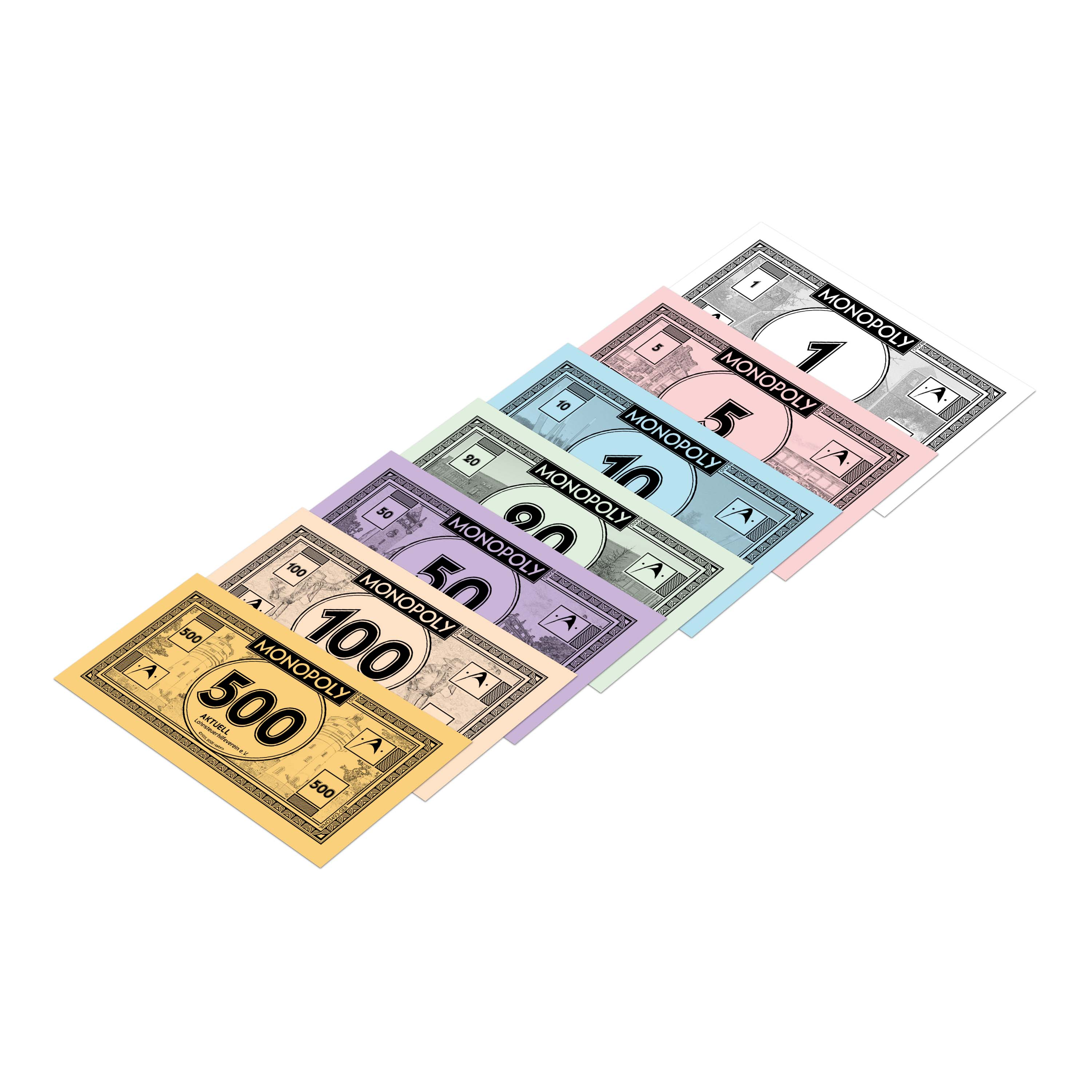 Monopoly-Geld in verschiedenen Stückelungen, diagonal auf einer weißen Oberfläche angeordnet.