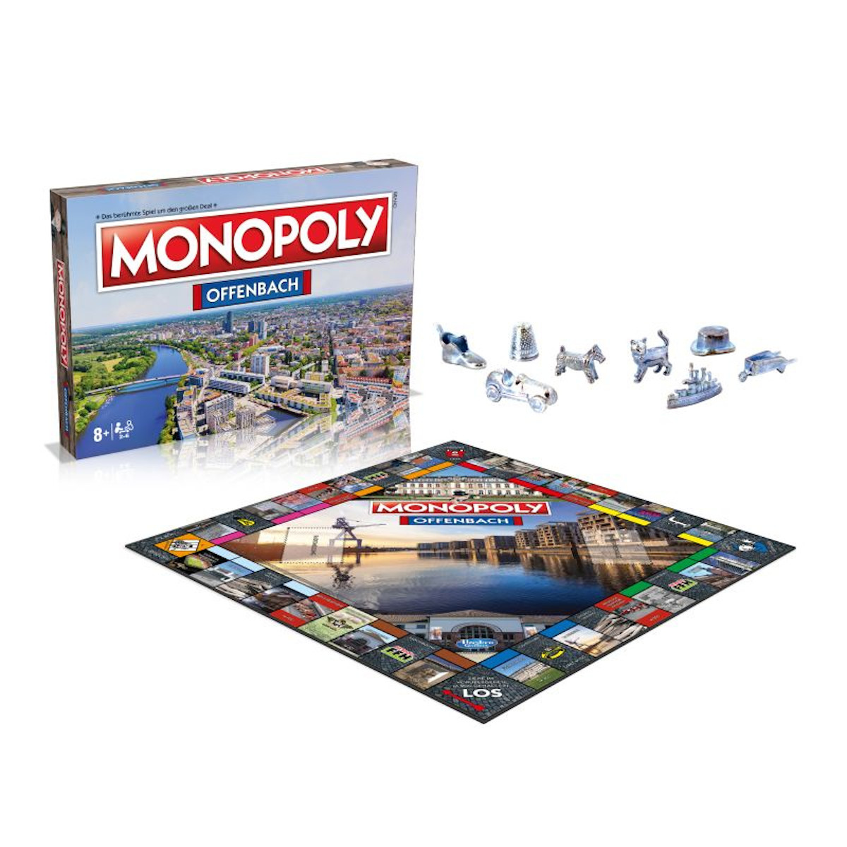 Monopoly-Brettspielbox und Brett werden mit Spielfiguren angezeigt. Die Box zeigt die Stadt Offenbach.