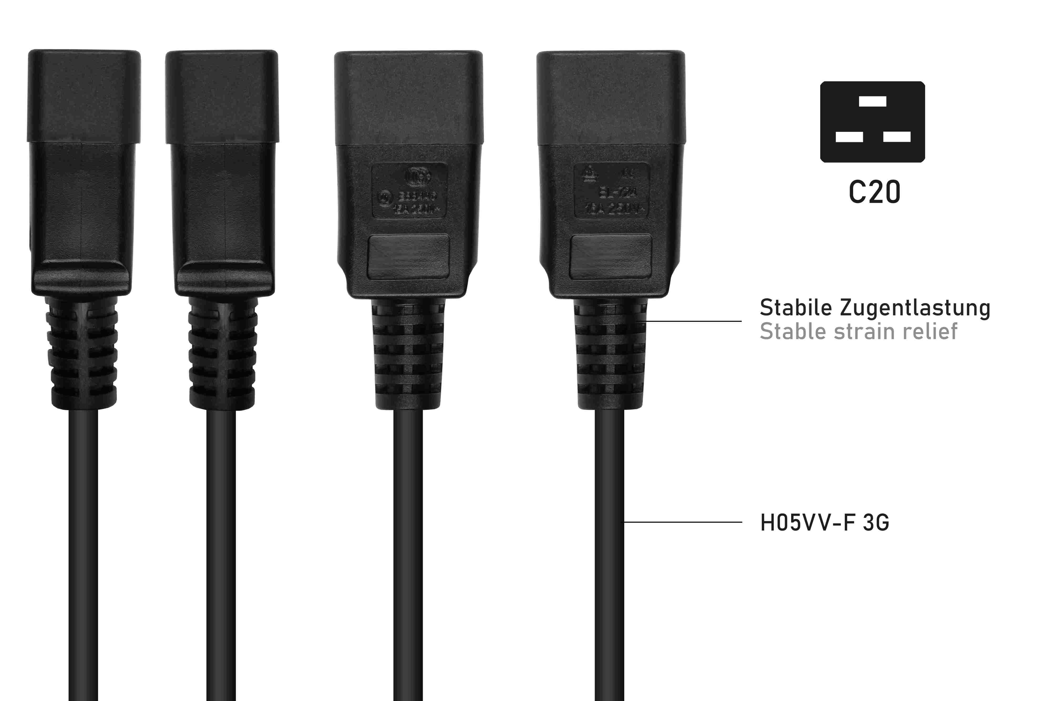 Vier schwarze Stromkabel mit C20-Anschlüssen, stabiler Zugentlastung und H05VV-F 3G-Kennzeichnung.