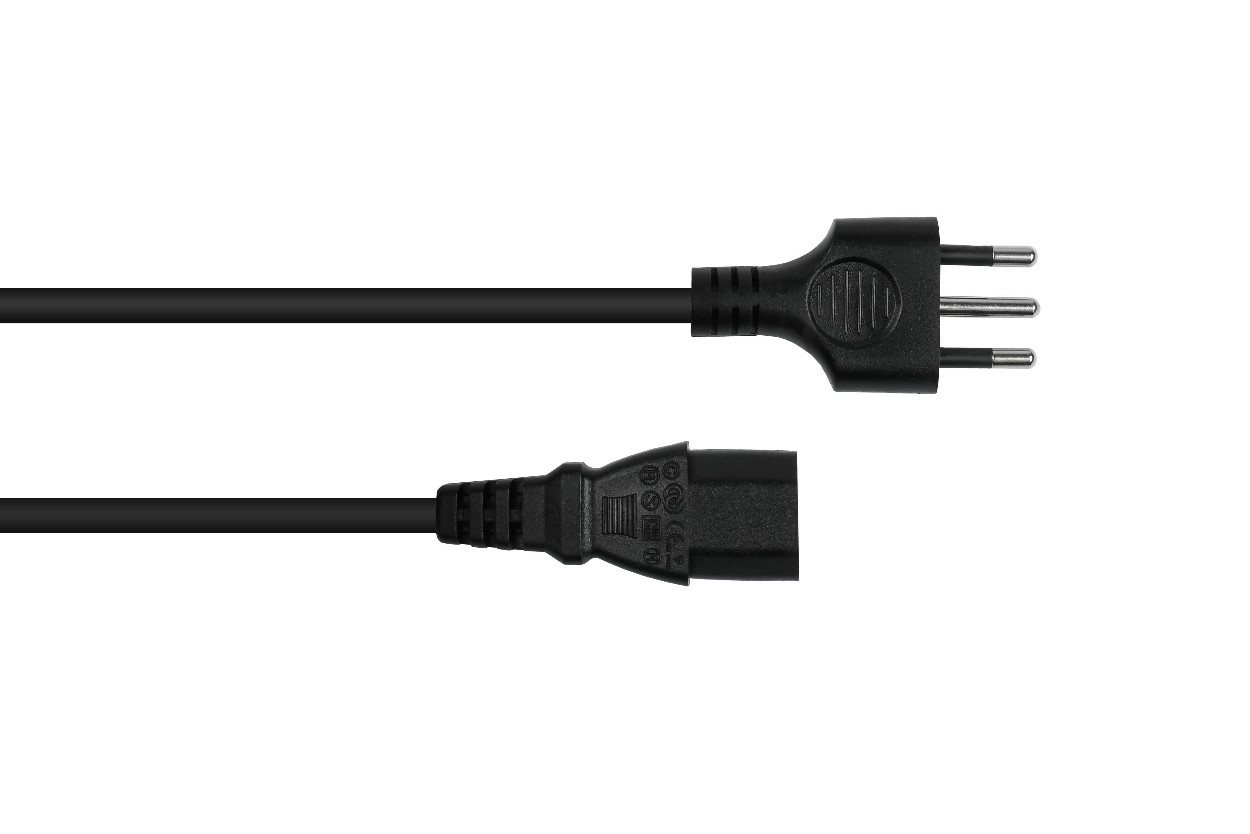 Schwarzes Netzkabel mit Euro-Stecker an einem Ende und C13-Anschluss am anderen.