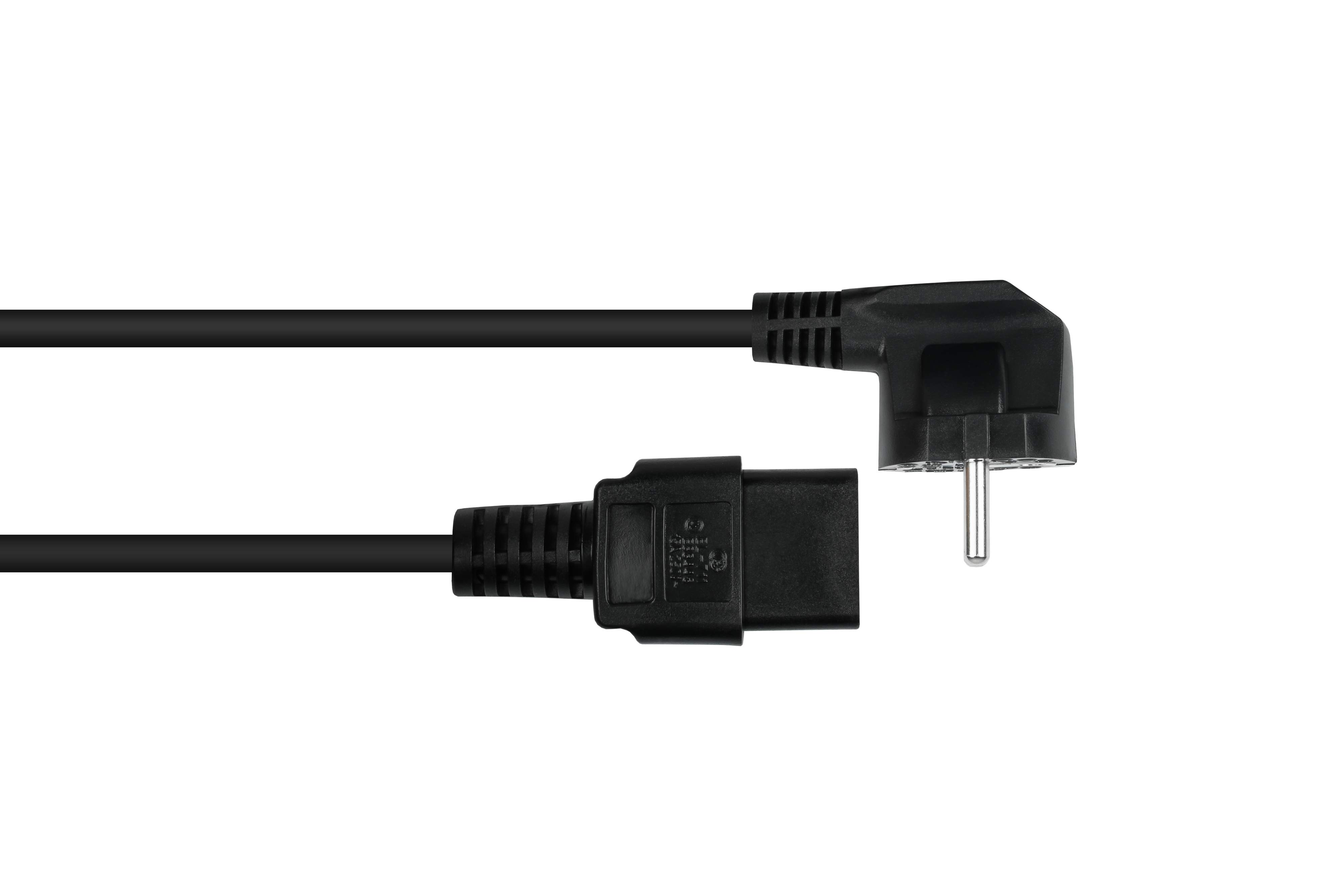 Schwarzes Netzkabel mit zwei Steckern. Ein abgewinkelter Stecker, der andere ein C13-Stecker.