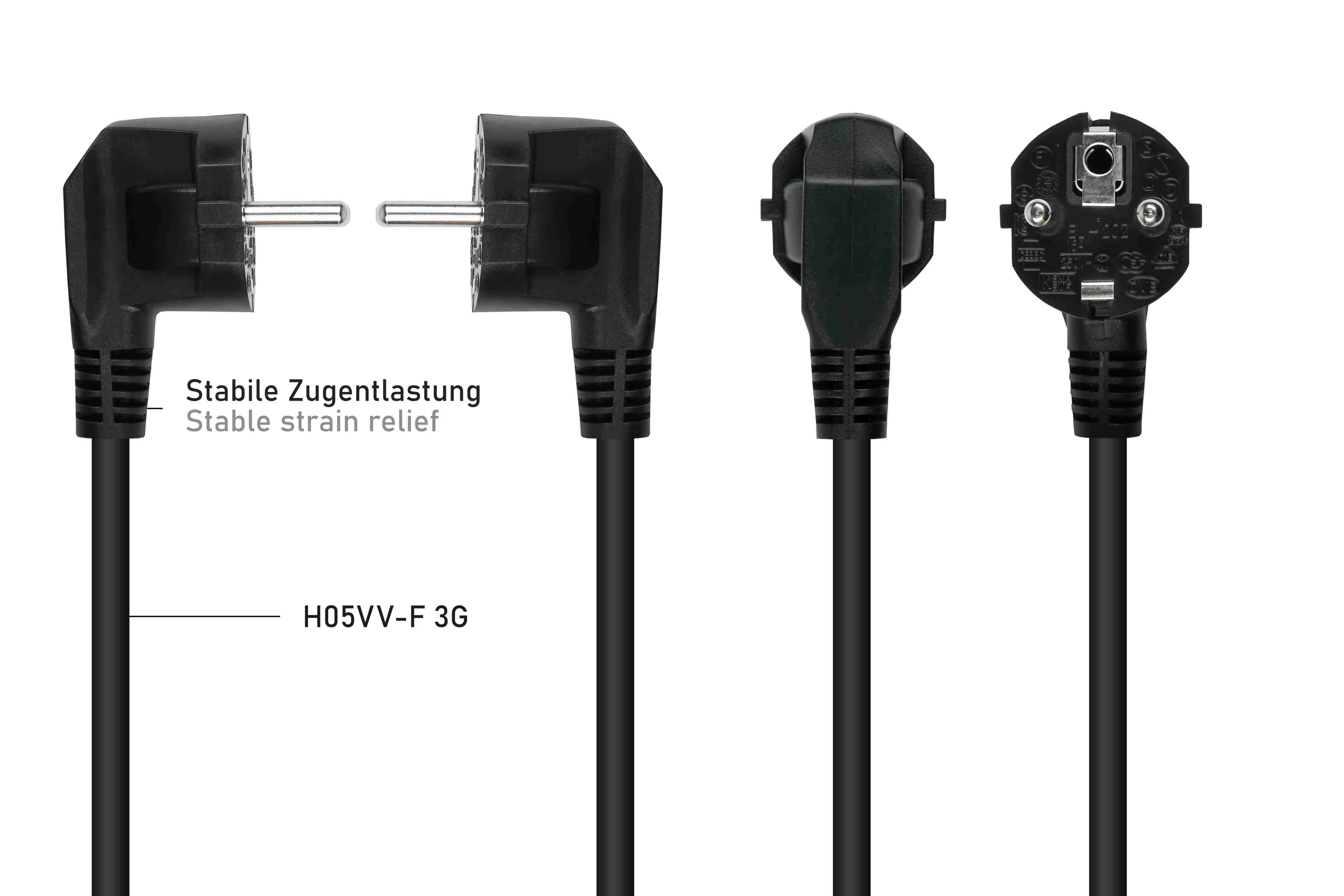 Schwarze Netzkabel mit abgewinkeltem Stecker, Text zur Zugentlastung und H05VV-F 3G-Etikett, weiß.