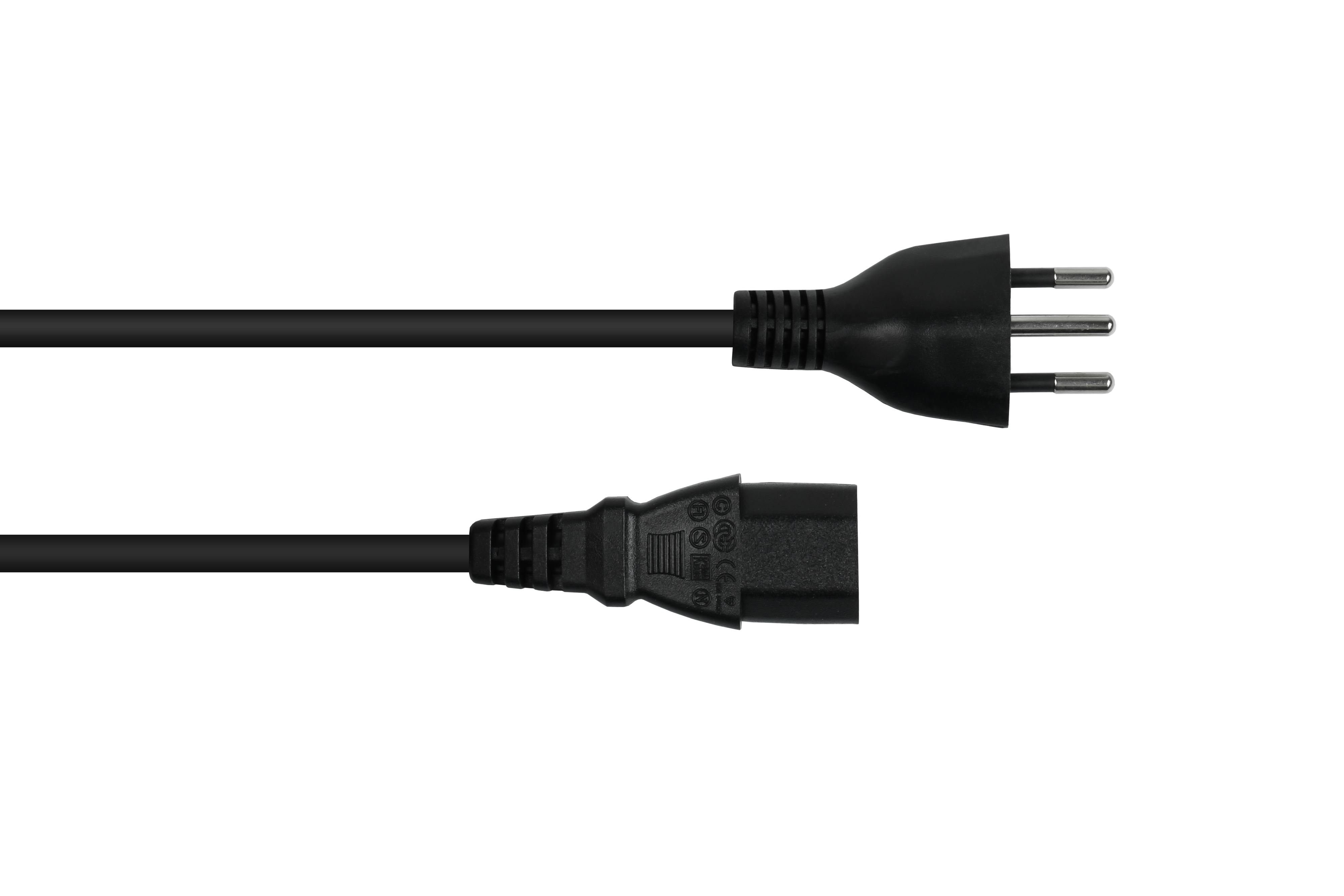 Schwarzes Stromkabel mit Dreipol-Stecker und Zweipol-Anschluss, weißer Hintergrund.