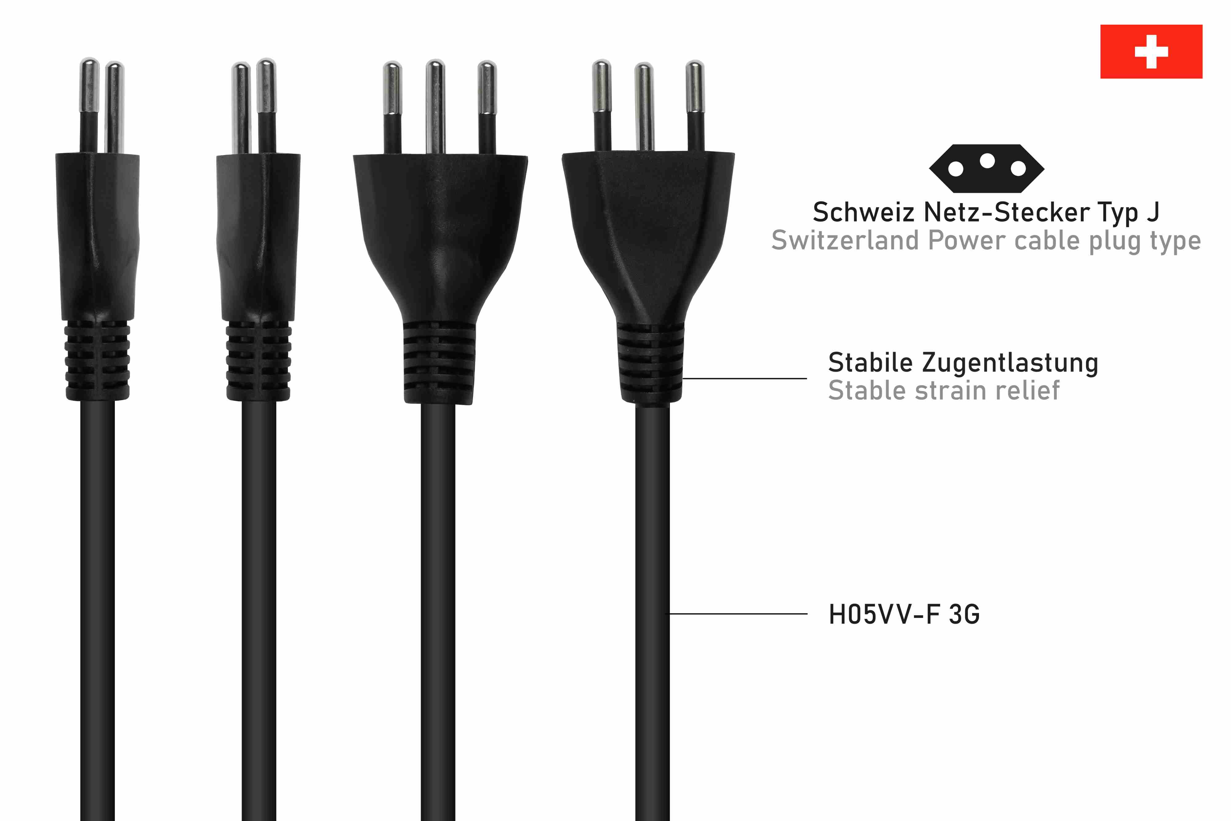 Vier schwarze Schweizer Netzkabelstecker mit Schweizer Flaggen-Symbol und Text zum Steckertyp.