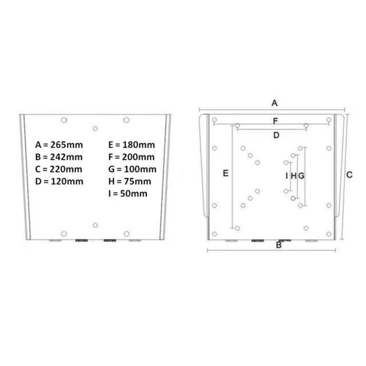 Diagram met afmetingen: A=265mm, B=242mm, C=220mm, D=120mm, E=180mm, F=200mm, G=100mm, H=75mm, I=50mm.