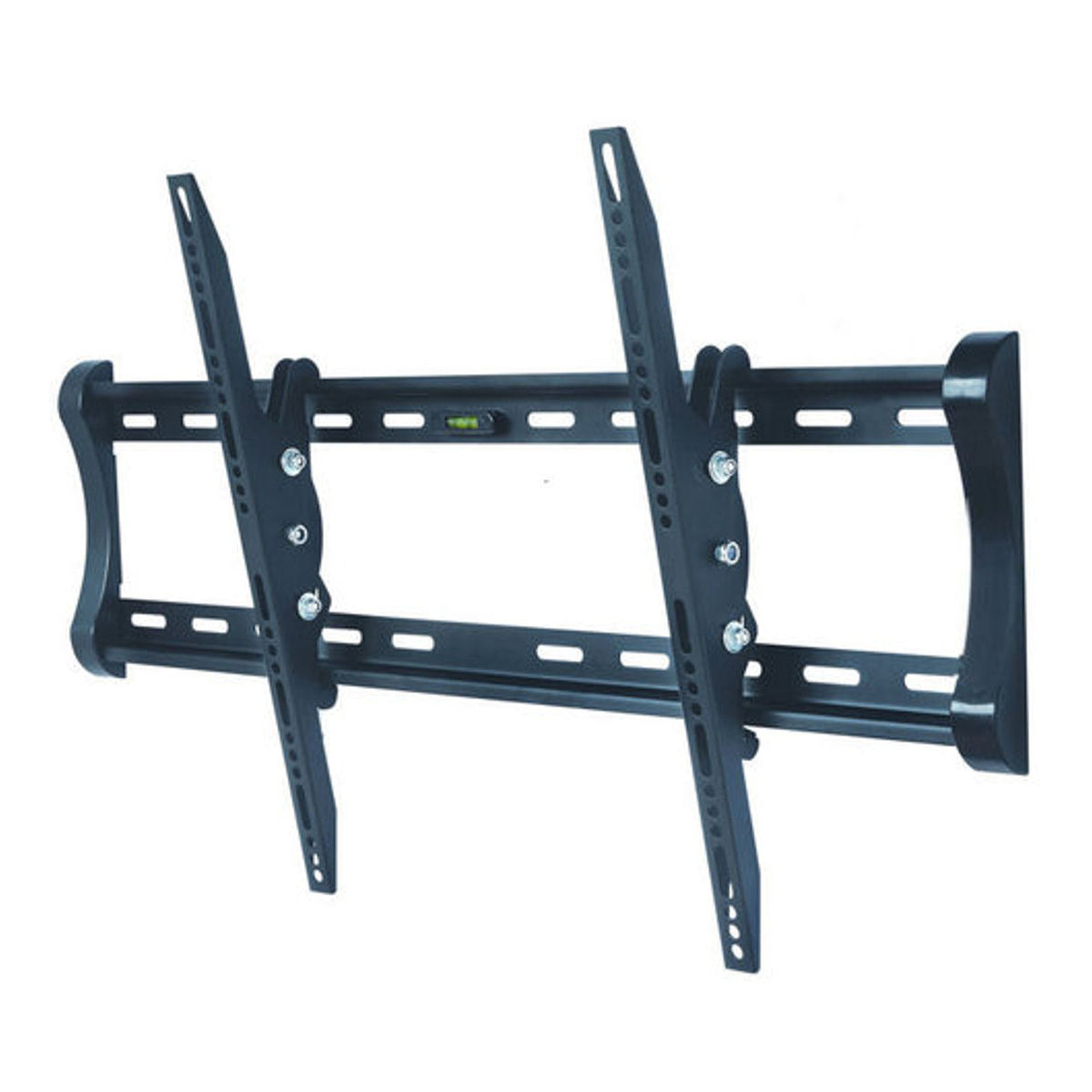 Support TV noir. Il a une forme rectangulaire avec plusieurs trous pour les vis. Fond blanc.