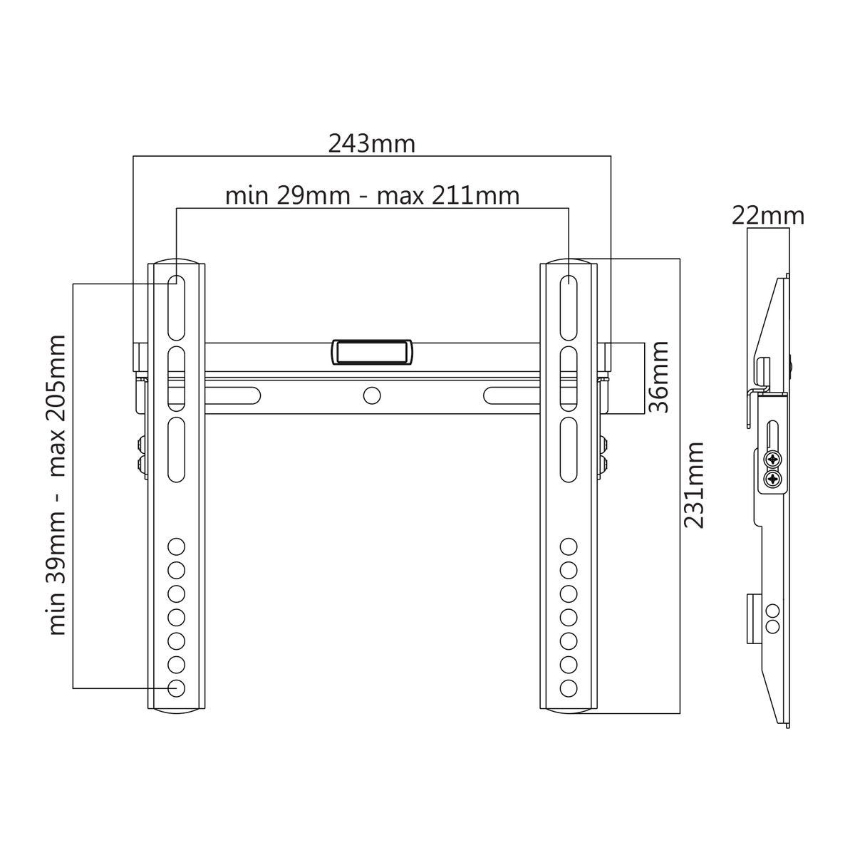 Technische tekening van een tv-beugel met afmetingen in millimeters.