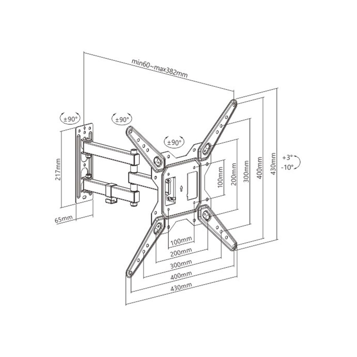Technische tekening van een tv-muurbeugel, met afmetingen en hoeken op een witte achtergrond.