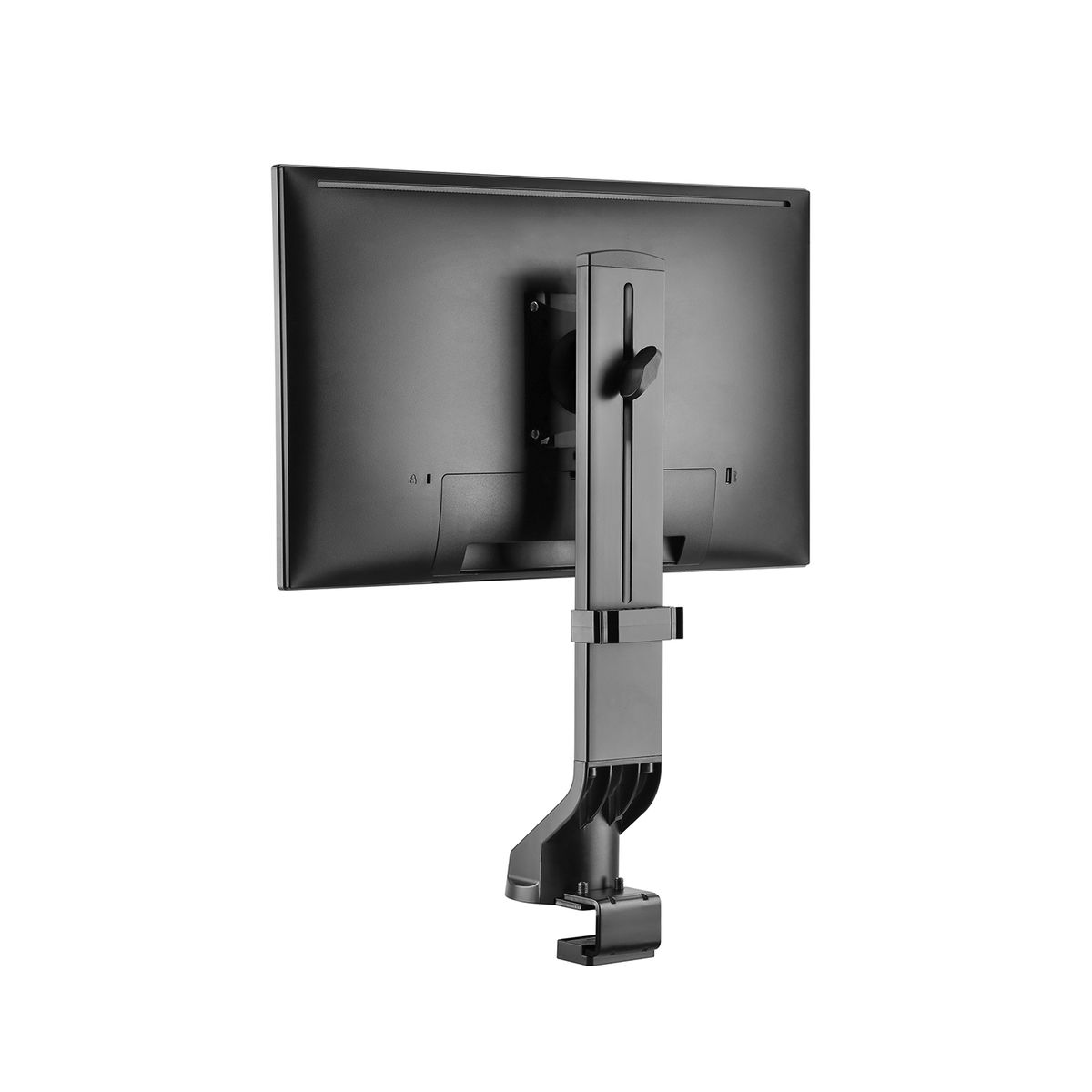 Zwarte computermonitor op een standaard gemonteerd. De standaard is aan de achterkant van de monitor bevestigd.